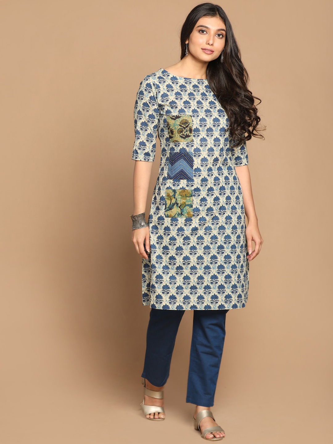 

Earthwear Women Navy Blue & Beige Indigo Ajrakh Printed Collage Kurta with Hand Embroidery