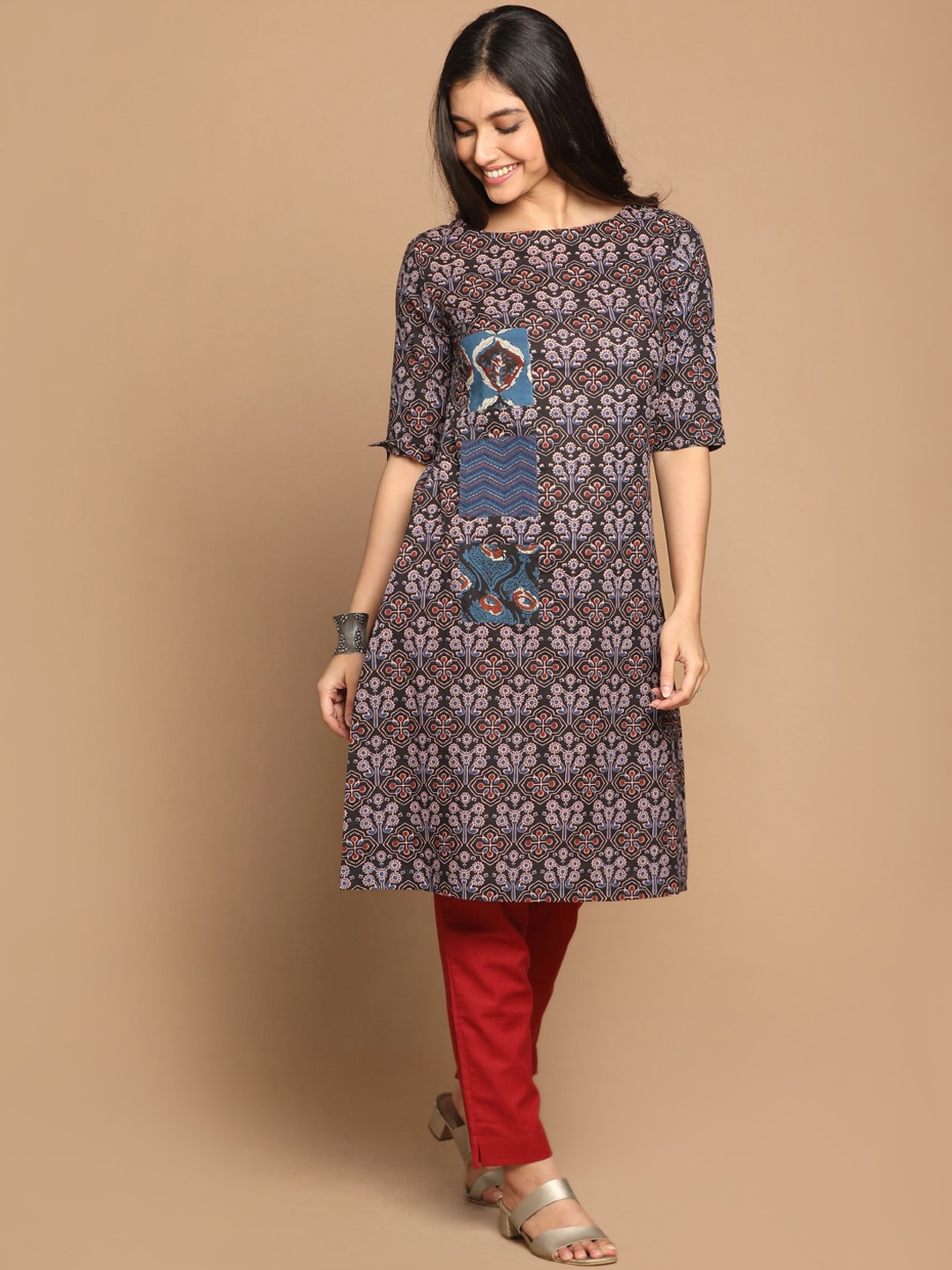 

Earthwear Women Navy Blue Ajrakh Printed Collage Kurta with Hand Embroidery