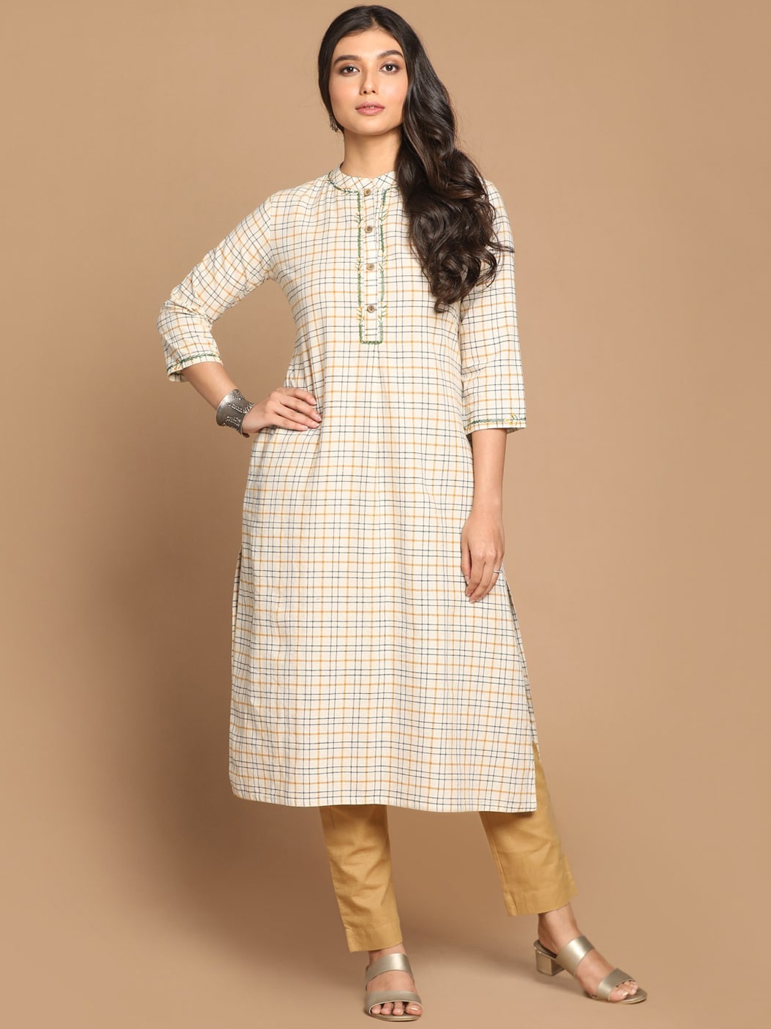 

Earthwear Women Beige Cotton Checked Straight Kurta with Hand Embroidery