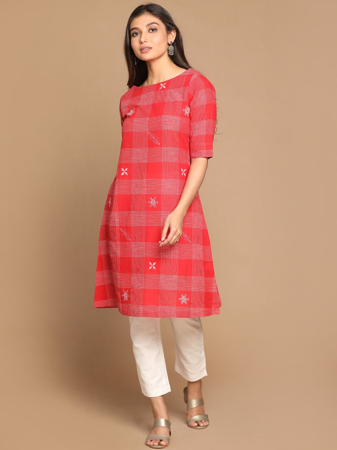 

Earthwear Women Red Checked Cotton A-Line Kurta with Hand Embroidery