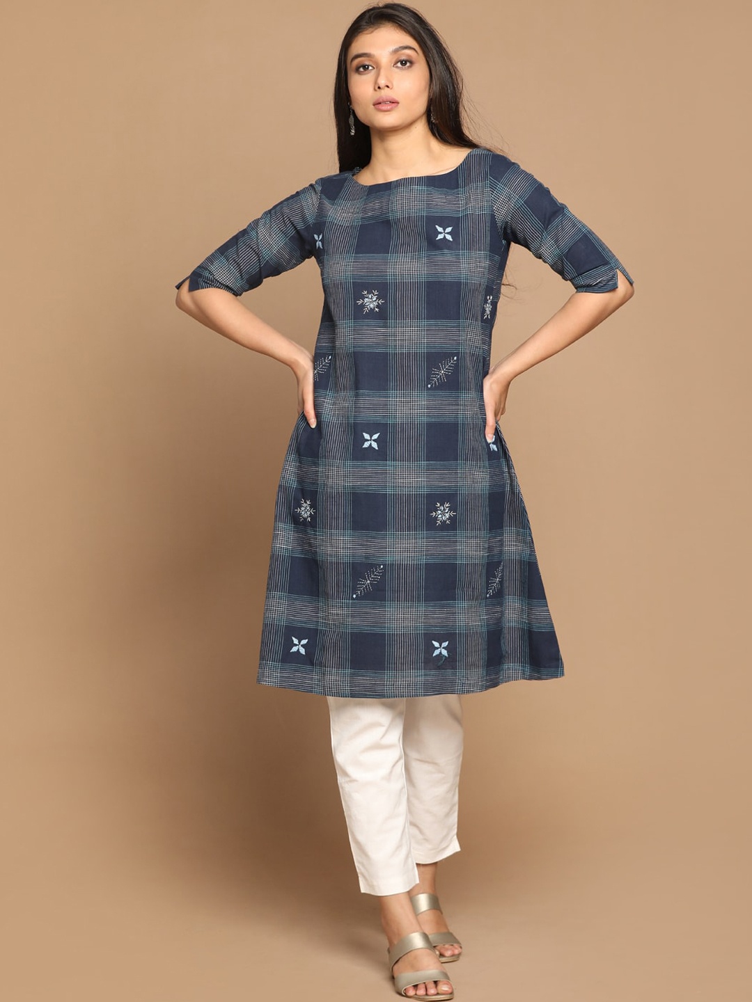 

Earthwear Women Navy Blue Indigo Checked Cotton A-Line Kurta with Hand Embroidery