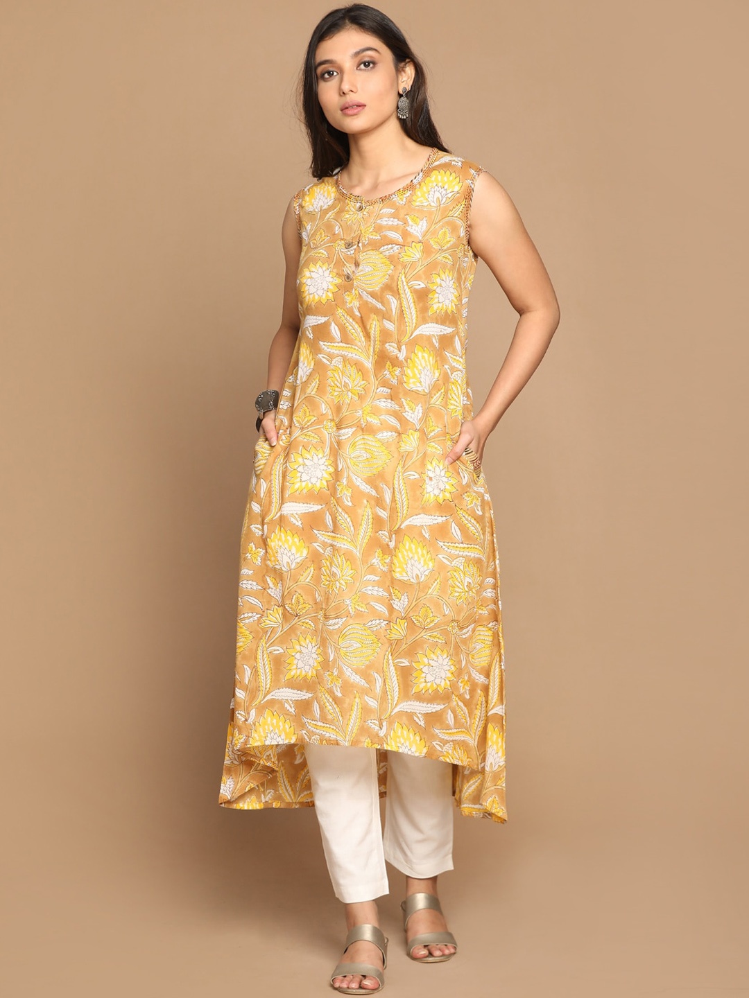 

Earthwear Women Mustard Yellow & Off White Block Printed A-Line Kurta with Hand Embroidery