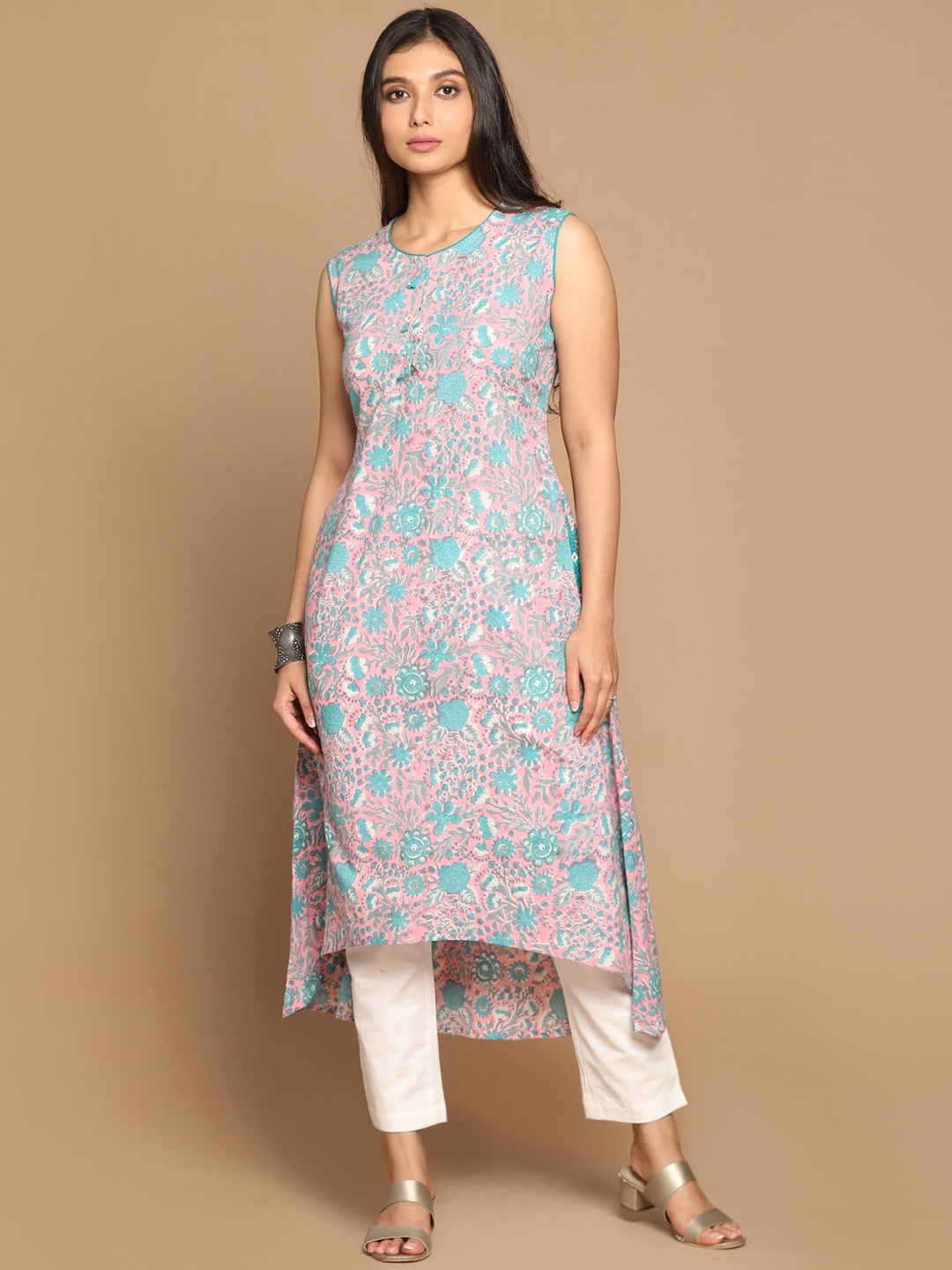 

Earthwear Women Pink & Blue Floral Block Printed Pure Cotton High-Low A-line Kurta