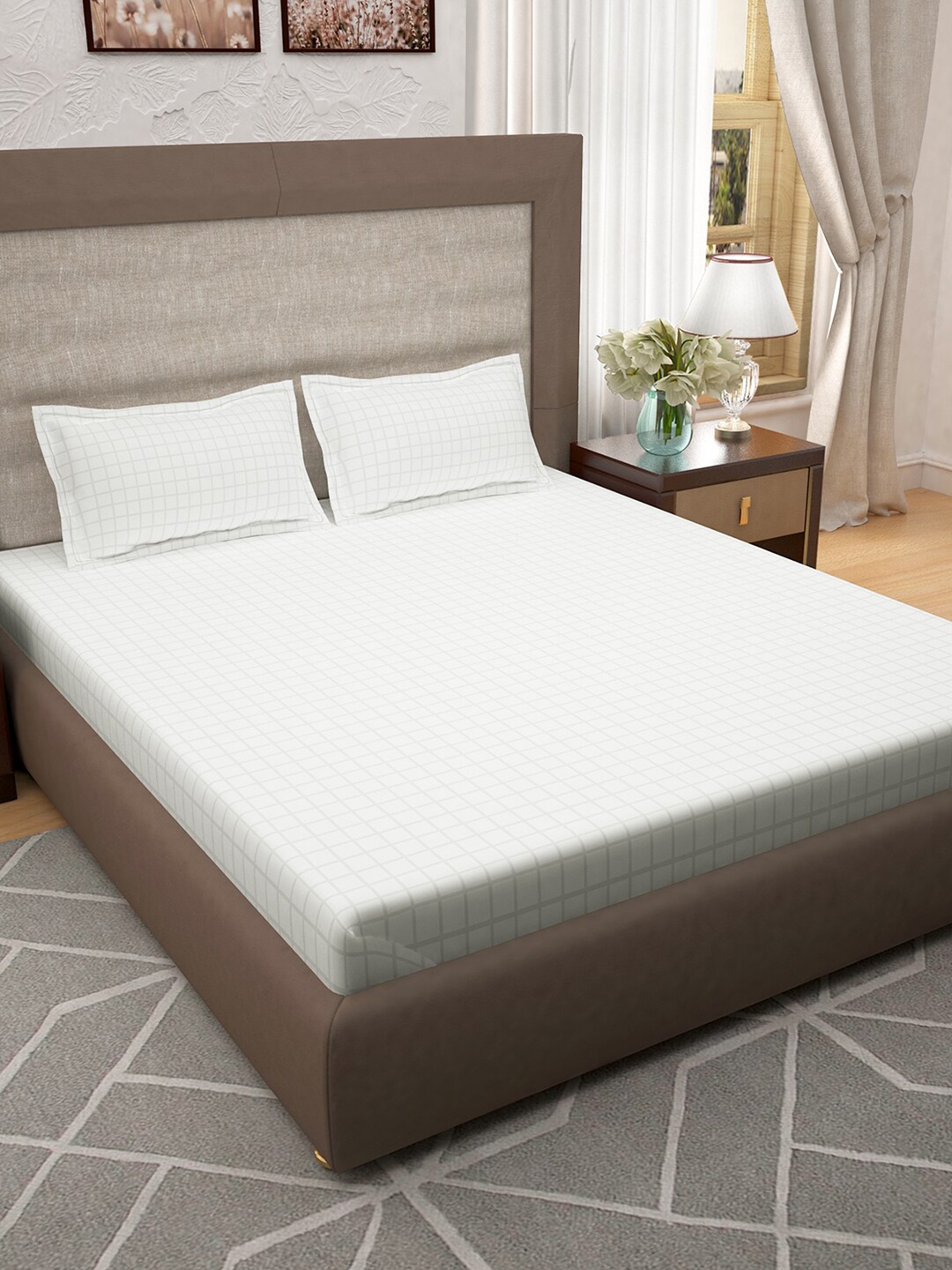 

Story@home White Geometric 400 TC 100% Cotton King Bedsheet with 2 Pillow Covers