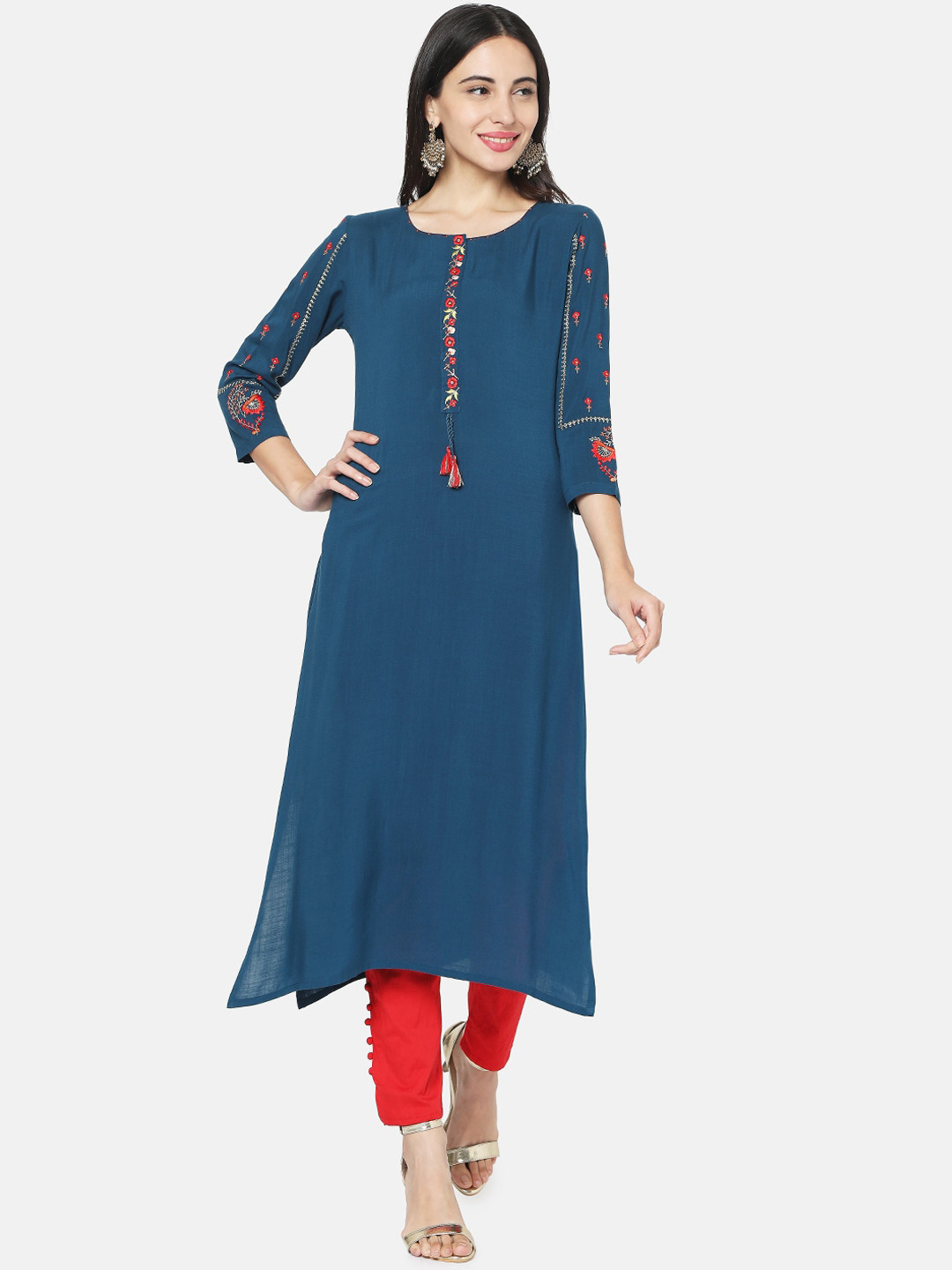 

FASHOR Women Teal & Red Floral Embroidered Thread Work Kurta