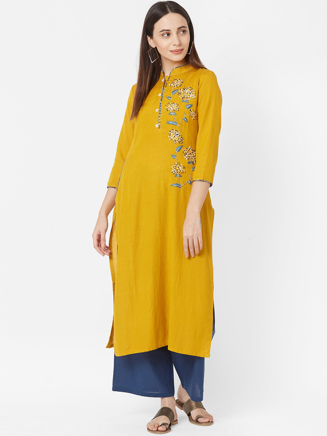 

FASHOR Women Mustard Yellow Floral Embroidered Thread Work Kurta