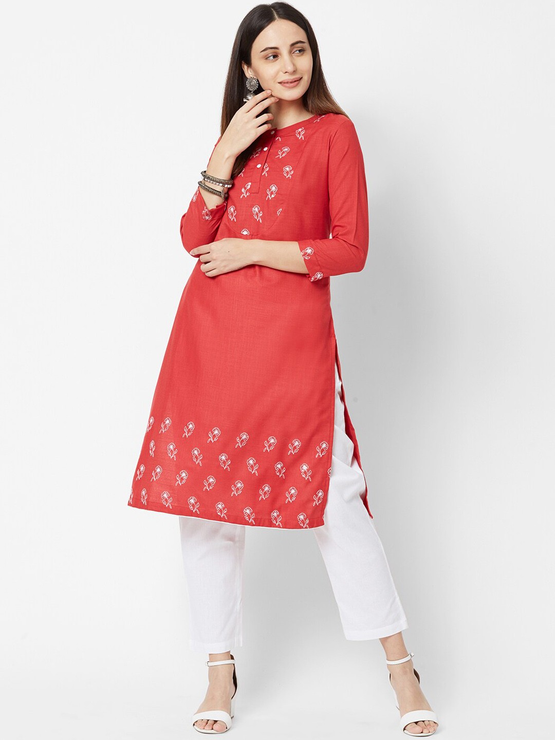 

FASHOR Women Peach-Coloured Ethnic Motifs Embroidered Thread Work Kurta