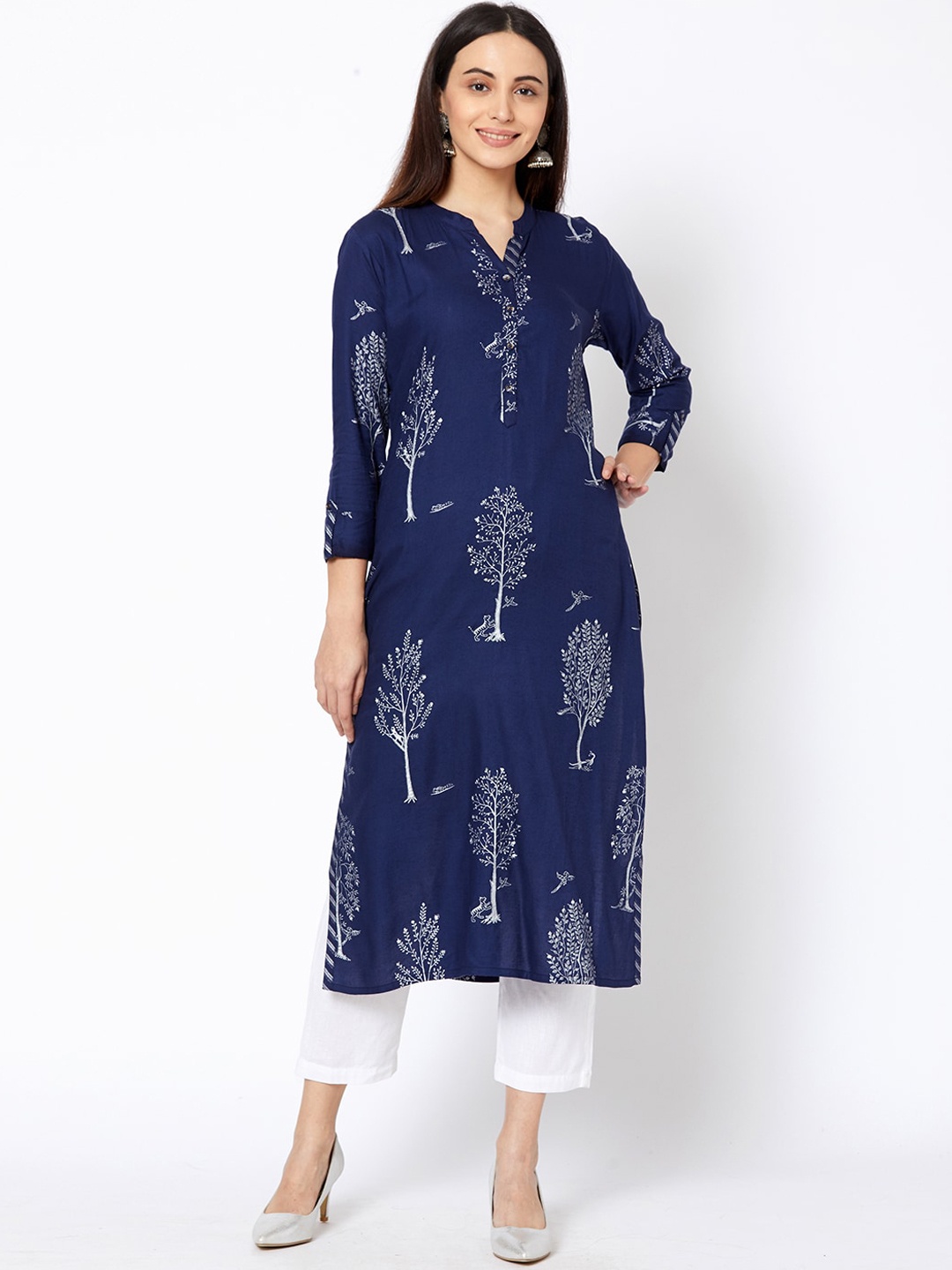 

FASHOR Women Navy Blue Floral Printed Cotton Kurta