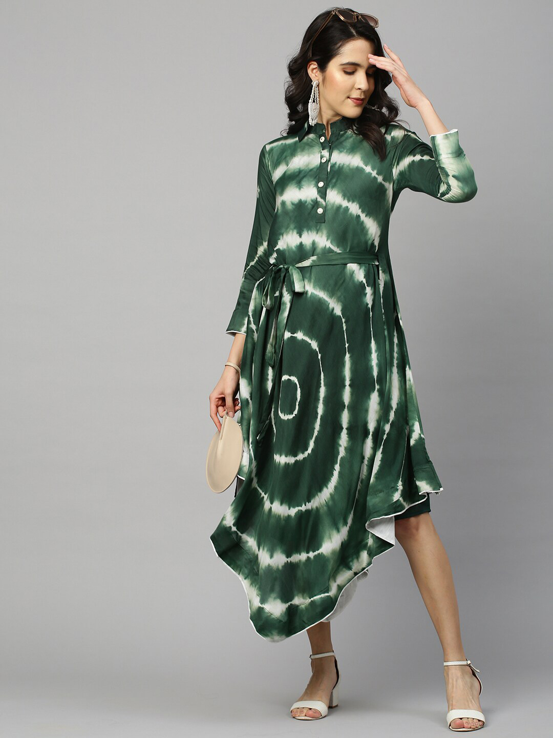 

FASHOR Women Green Tie & Dye Dyed A-Line Maxi Dress with a Belt