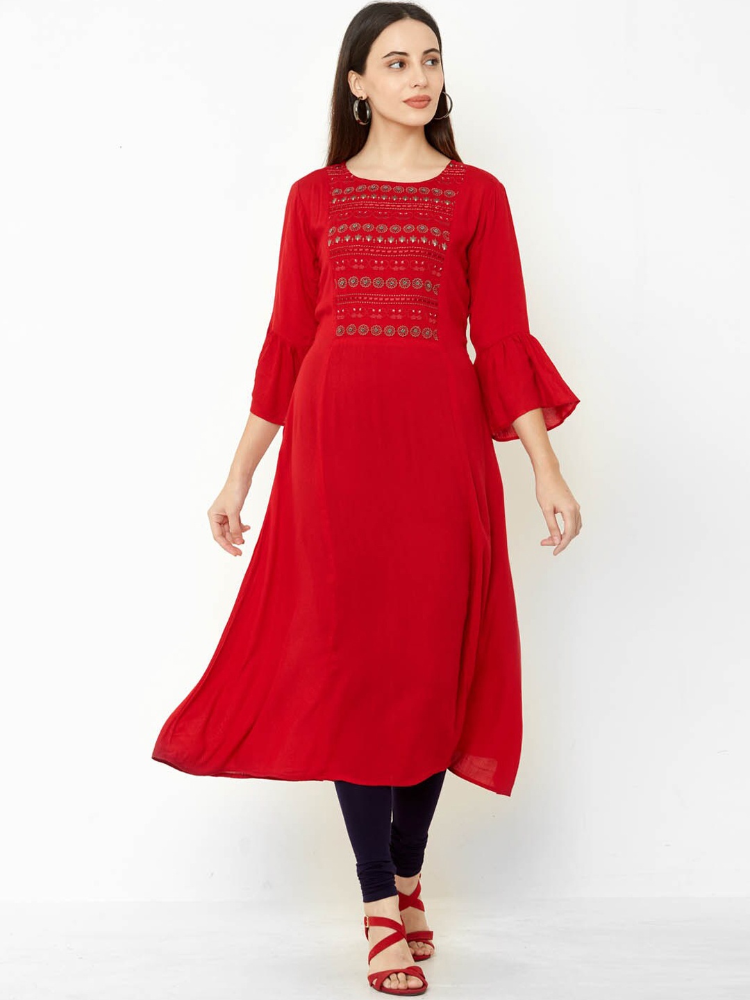 

FASHOR Women Red Floral Embroidered Flared Sleeves Kurta