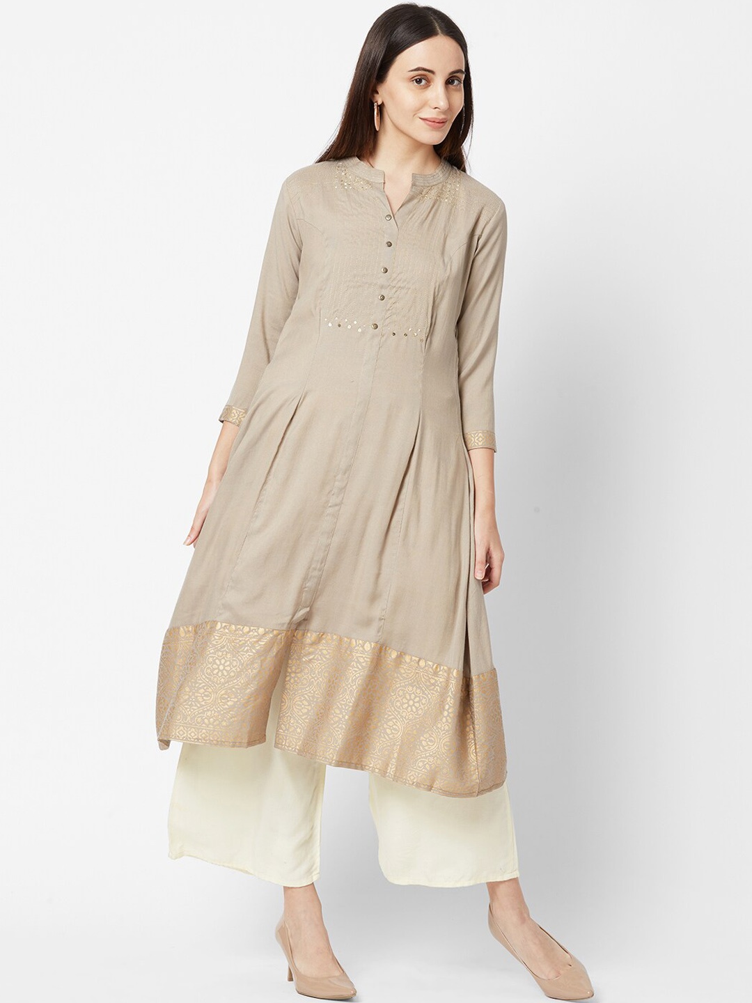 

FASHOR Women Brown & Golden Foil Printed A-line Kurta
