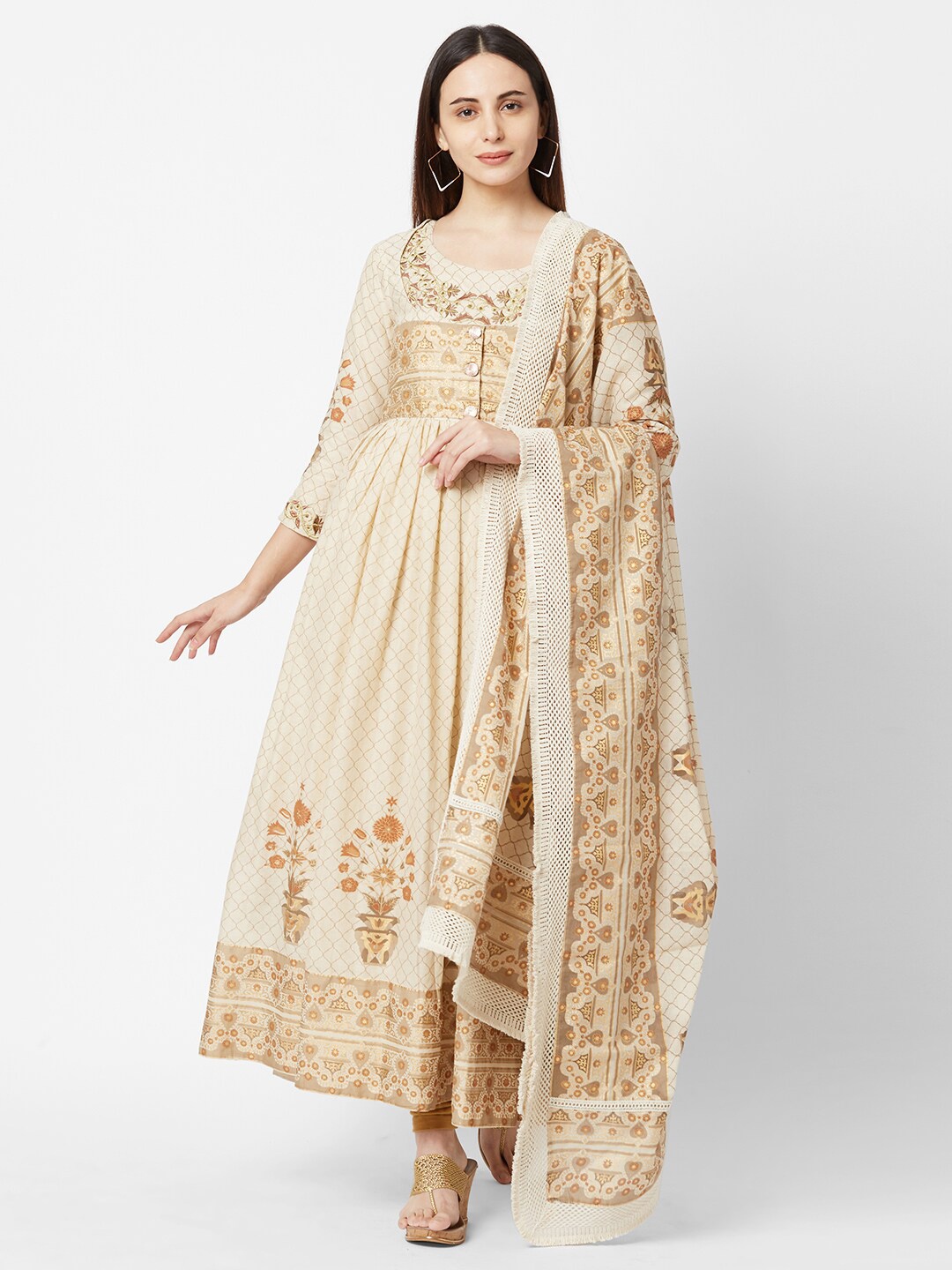 

FASHOR Off White & Gold-Toned Ethnic Motifs Ethnic Maxi Dress