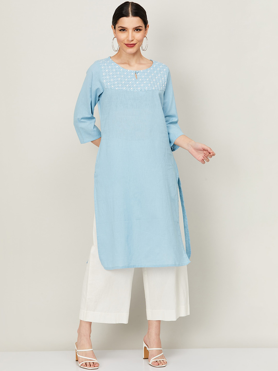 

Melange by Lifestyle Women Blue Floral Embroidered Thread Work Kurta