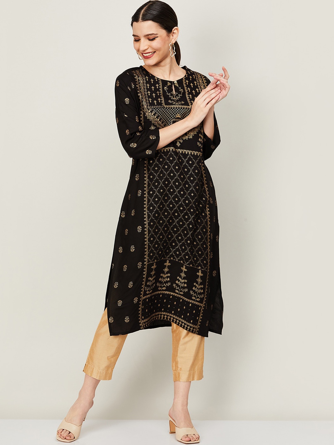 

Melange by Lifestyle Women Black & Gold-Toned Ethnic Motifs Keyhole Neck Kurta