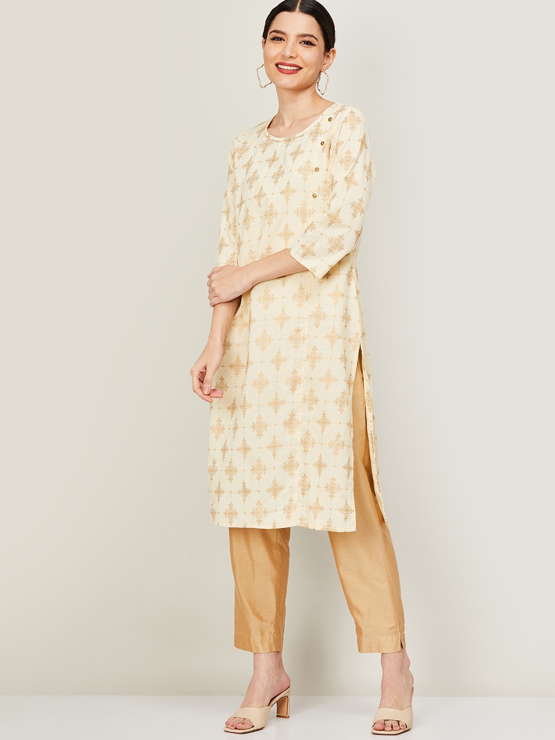 

Melange by Lifestyle Women Beige Ethnic Motifs Printed Cotton Kurta