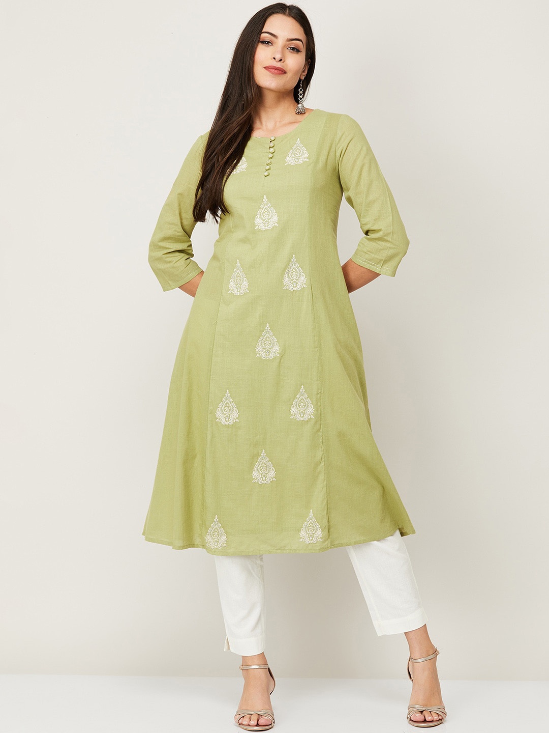 

Melange by Lifestyle Women Green Ethnic Motifs Embroidered Kurta