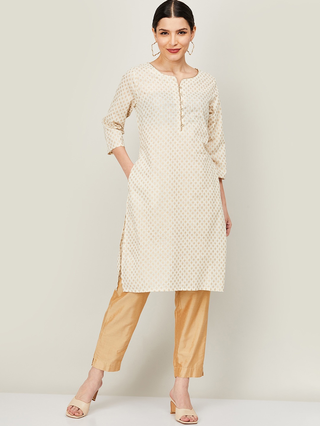 

Melange by Lifestyle Women Beige Geometric Woven Design Kurta