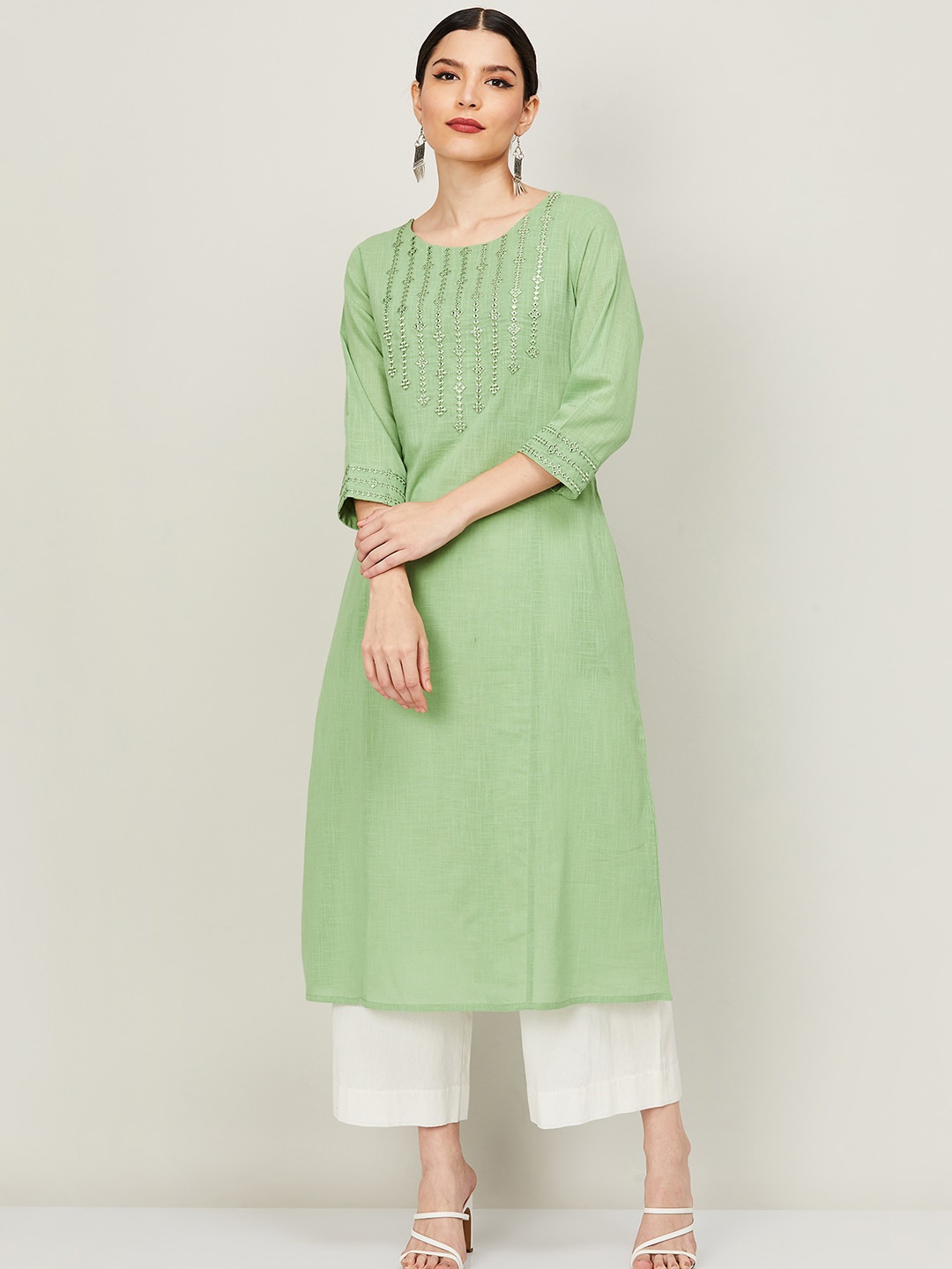 

Melange by Lifestyle Women Green Yoke Design Mirror Work Cotton Kurta