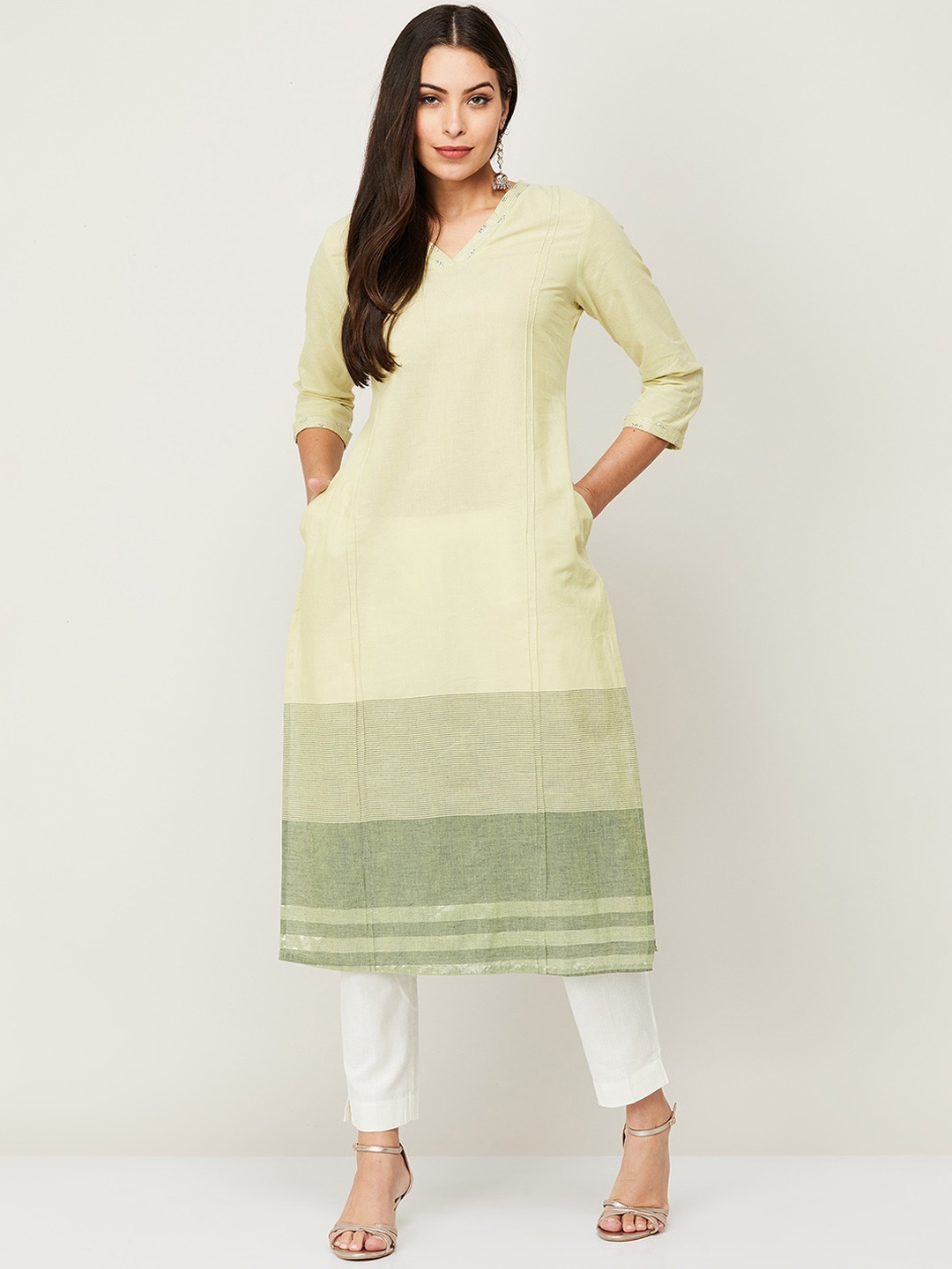 

Melange by Lifestyle Women Green Solid Pure Cotton Kurta