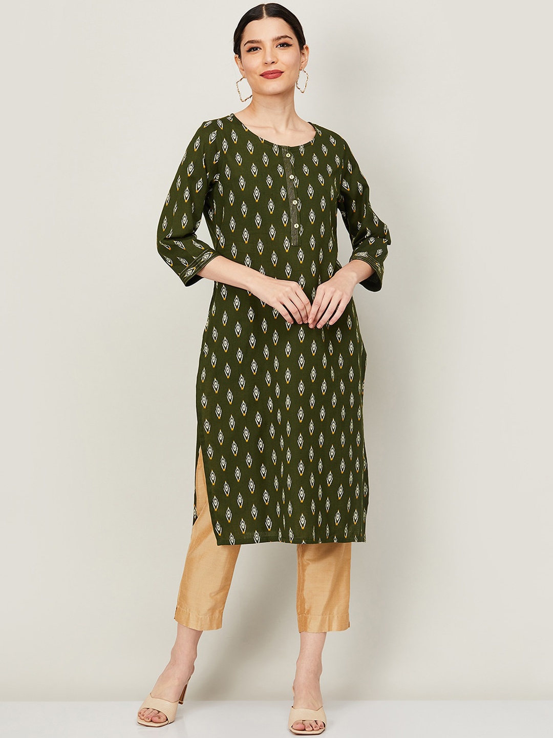 

Melange by Lifestyle Women Olive Green Ethnic Motifs Cotton Straight Kurta