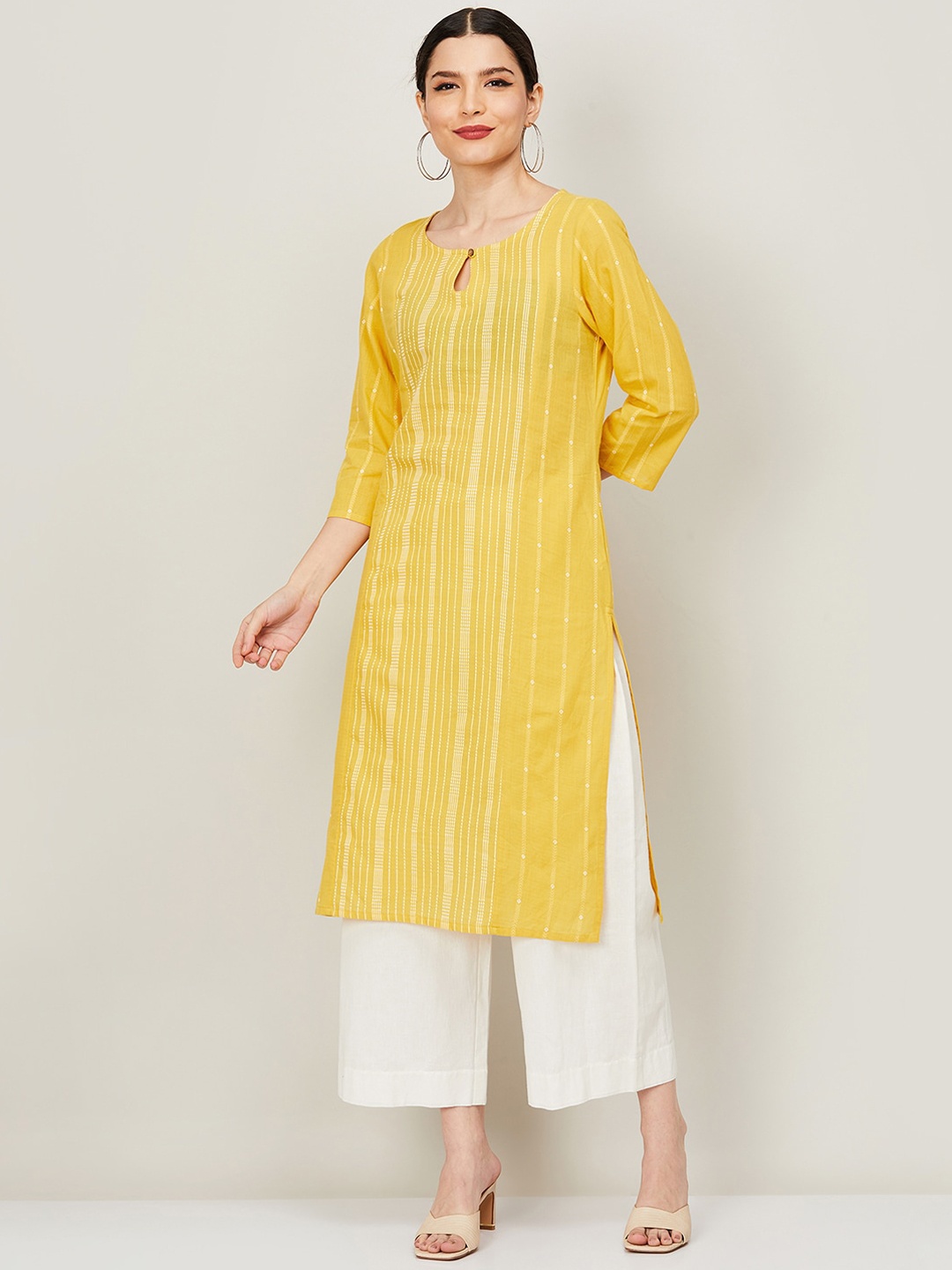 

Melange by Lifestyle Women Yellow Striped Keyhole Neck Kurta