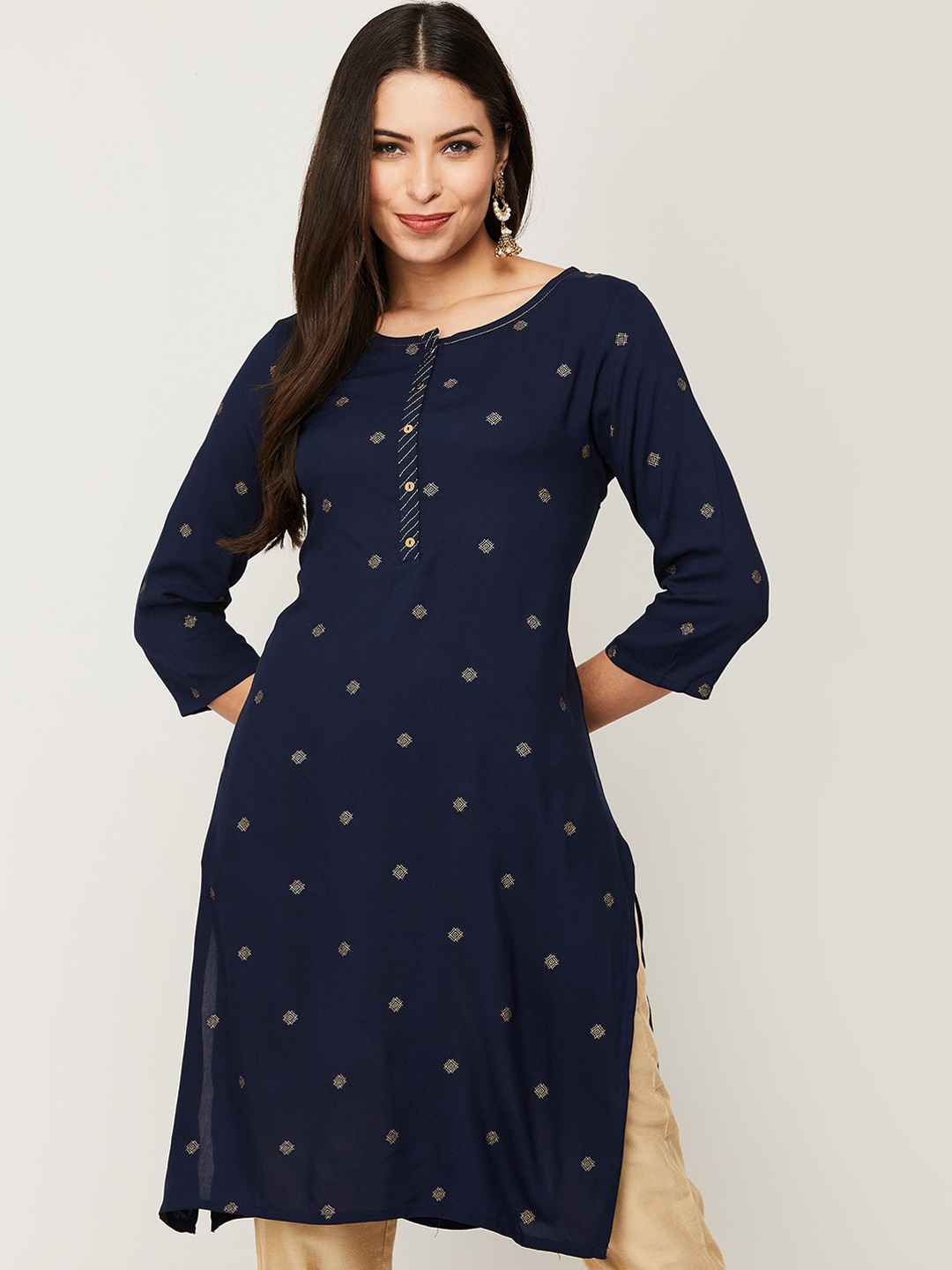 

Melange by Lifestyle Women Navy Blue Geometric Embroidered Kurta
