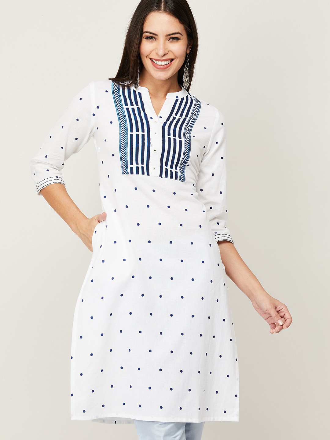 

Melange by Lifestyle Women White & Blue Printed Cotton Kurta