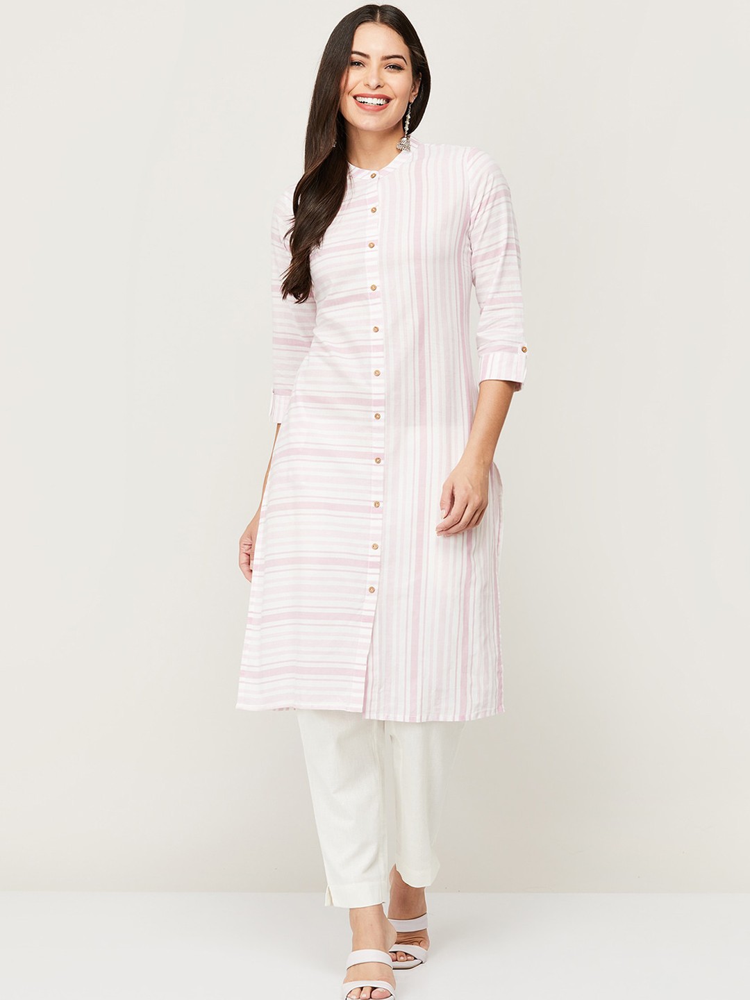 

Melange by Lifestyle Women Purple & White Striped Cotton Kurta