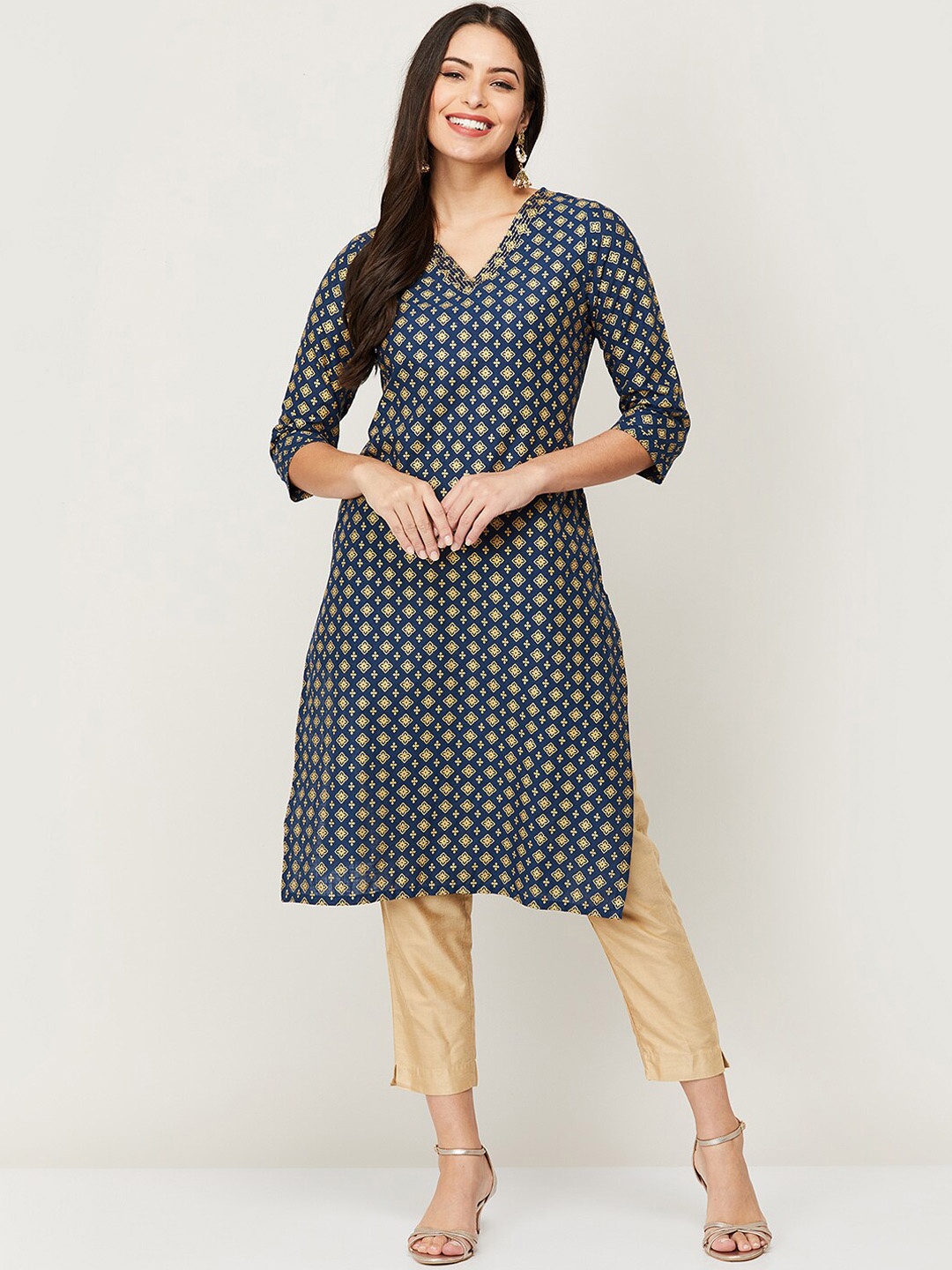 

Melange by Lifestyle Women Blue & Gold-Toned Geometric Printed Cotton Kurta