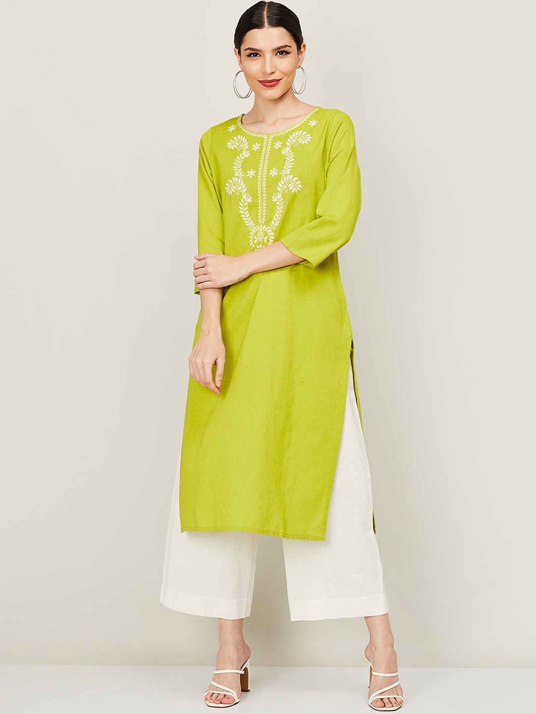 

Melange by Lifestyle Women Lime Green Ethnic Motifs Embroidered Kurta