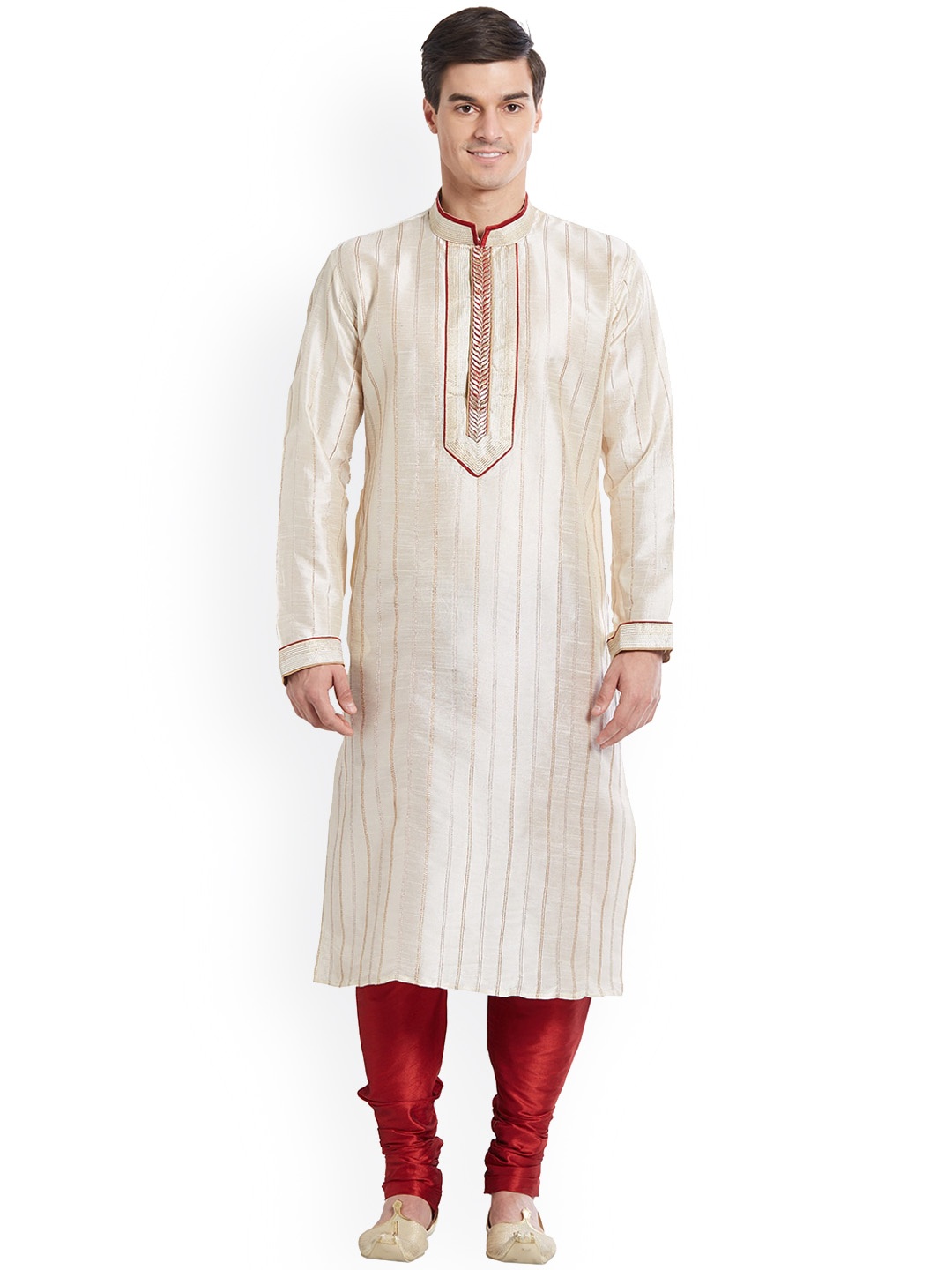 

Indian Poshakh Men Off White Striped Kurta with Churidar