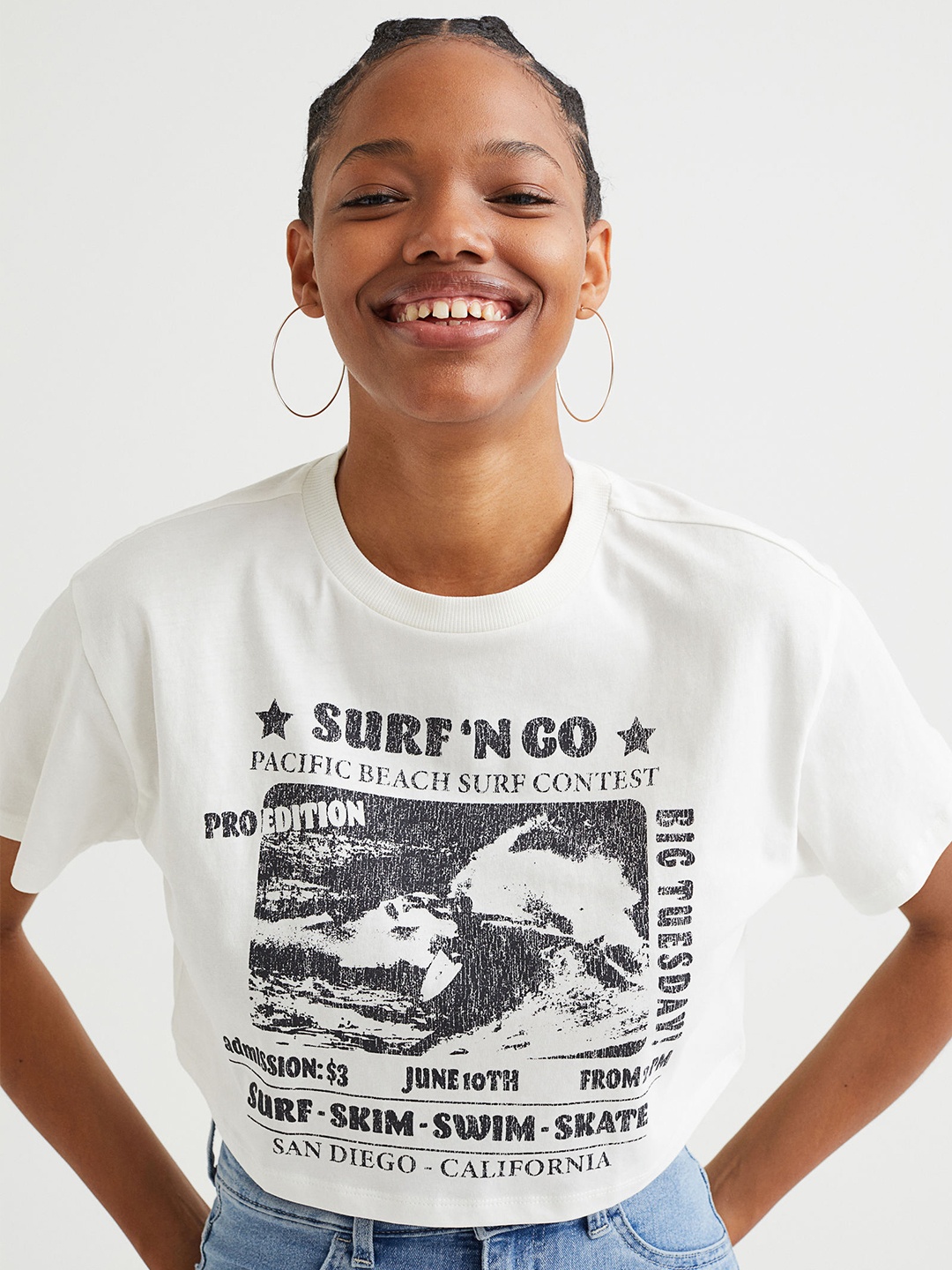 

H&M Women White Cropped Printed T-shirt