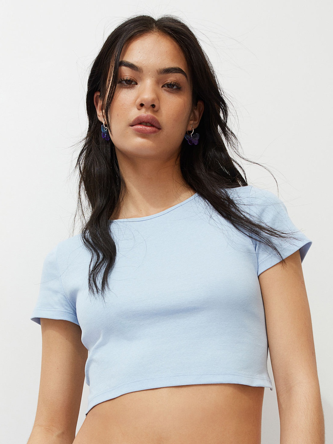 

H&m Blue Cropped Tie-Hem T-Shirt