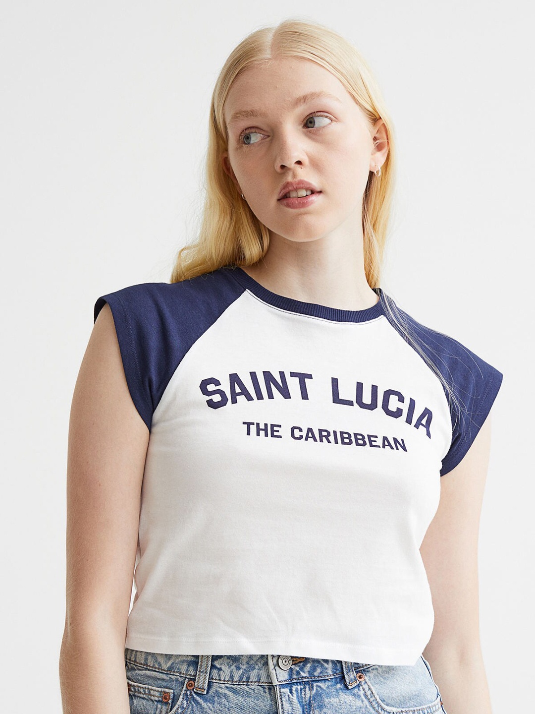 

H&M White & Blue Printed Pure Cotton Cropped Top