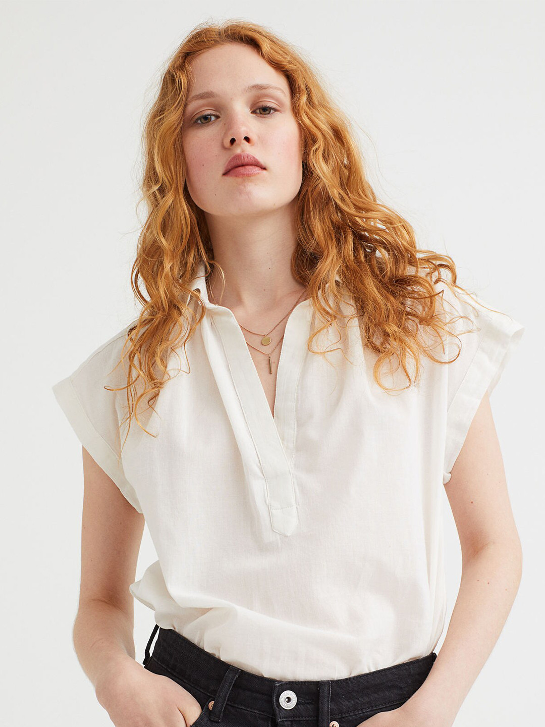 

H&M White V-Neck Cotton Blouse