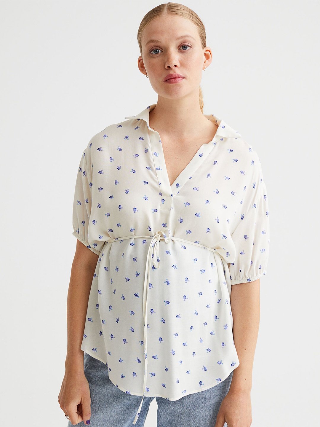 

H&M Women White Printed MAMA Puff-Sleeved Blouse