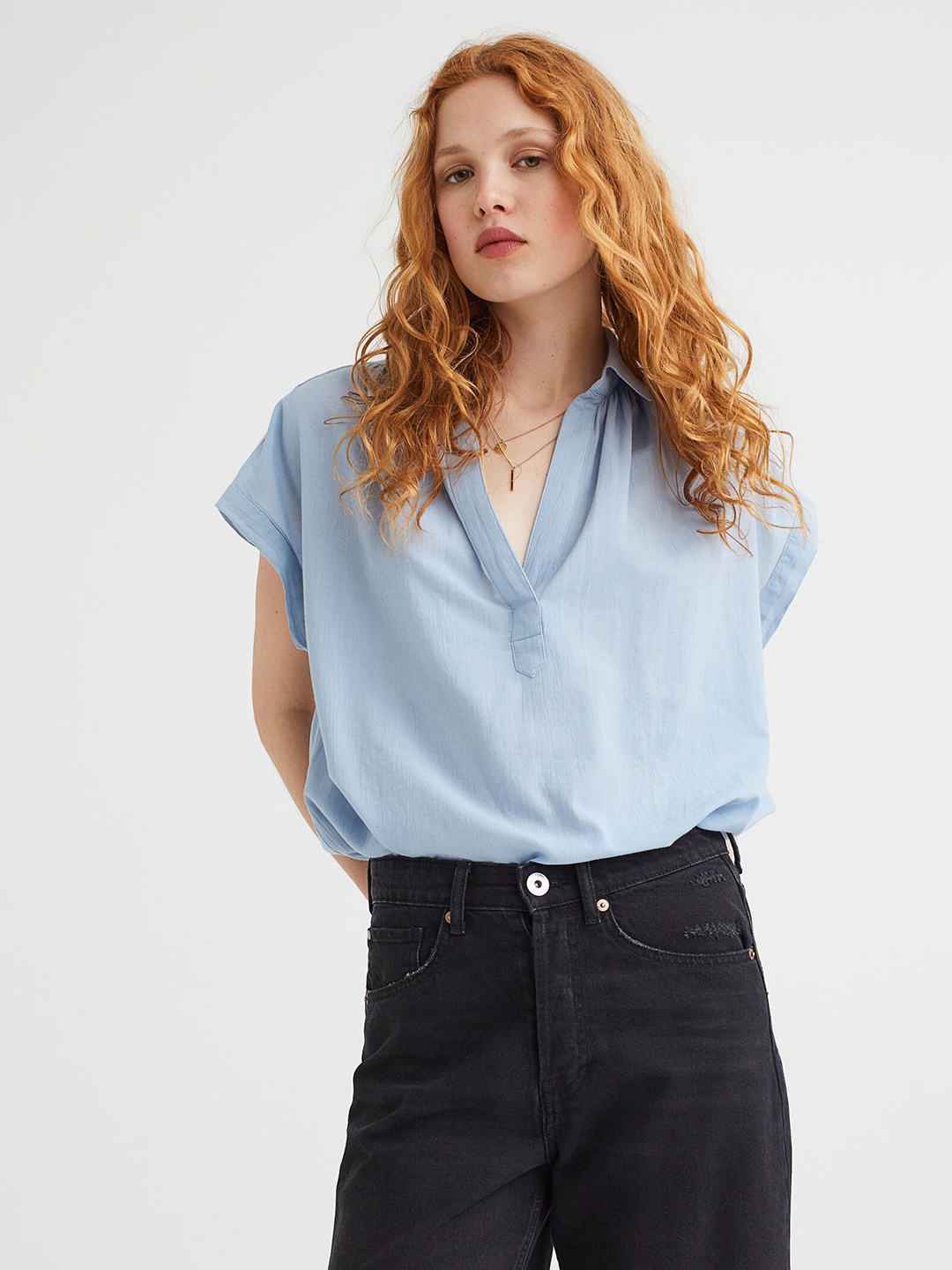 

H&M Women Blue V-neck Cotton Blouse