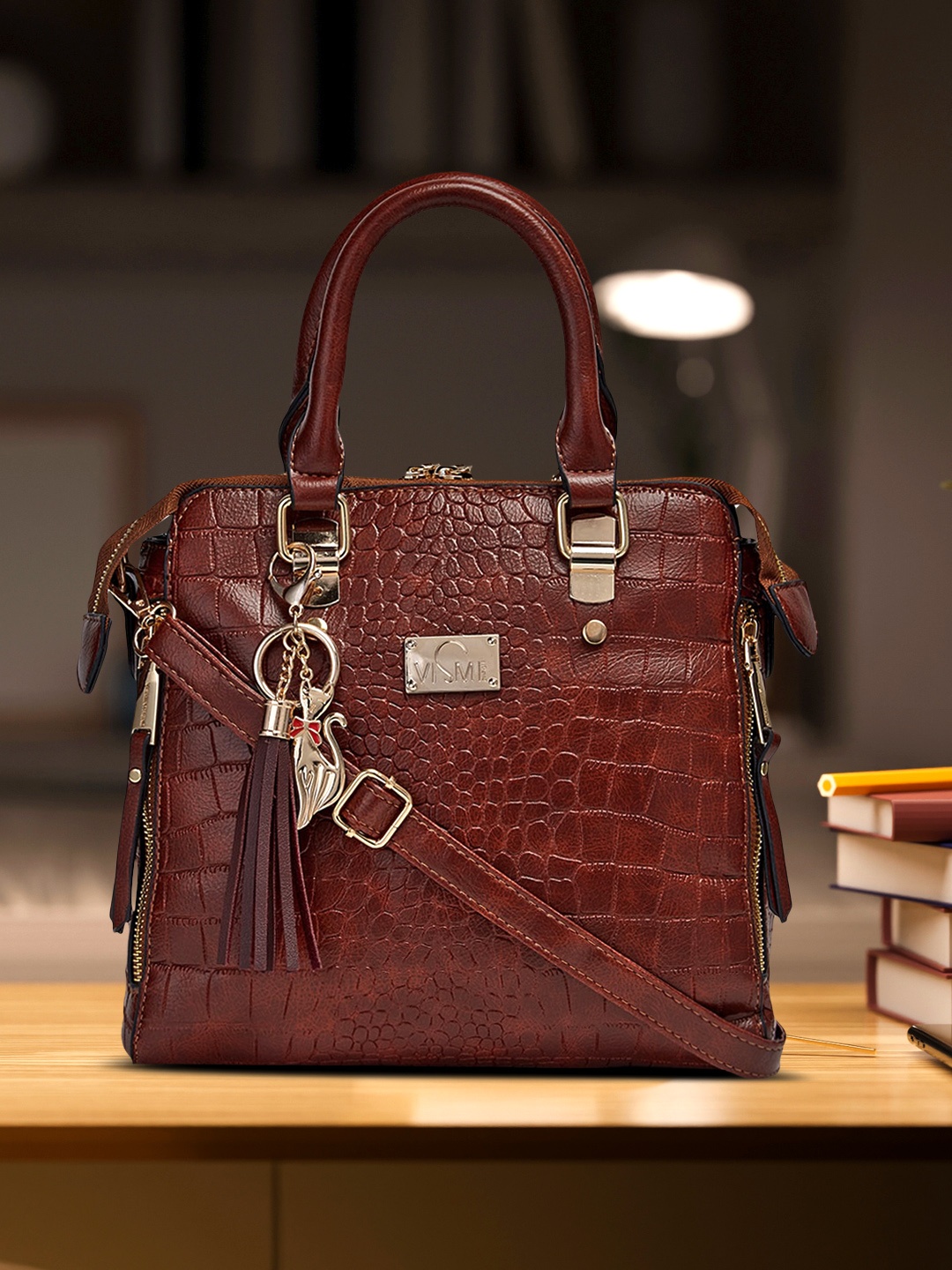 

VISMIINTREND Brown Textured PU Structured Satchel with Tasselled