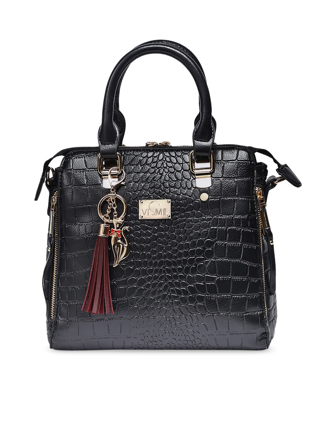 

VISMIINTREND Black Textured PU Structured Handheld Bag with Tassel