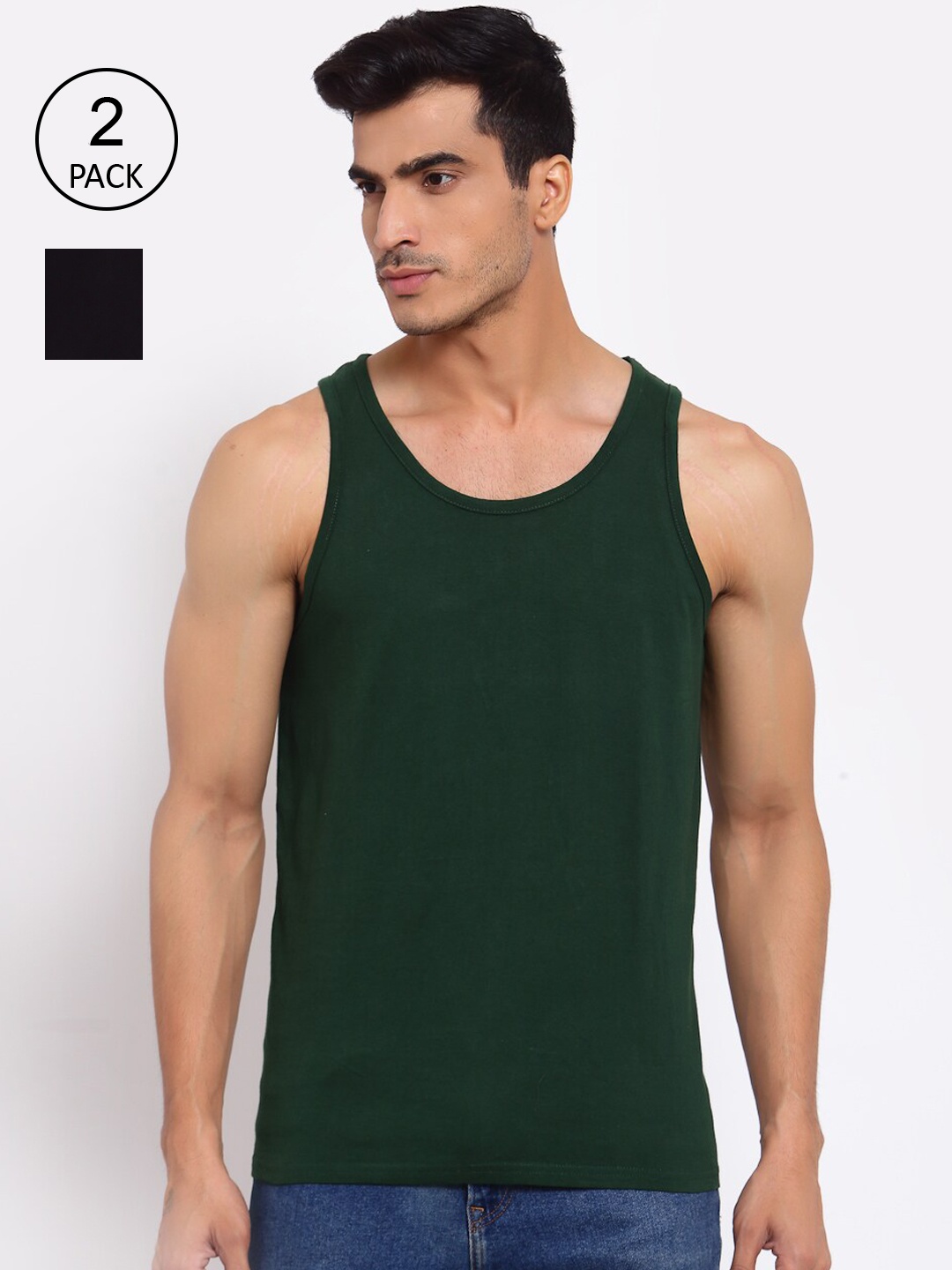 

FERANOID Men Pack of 2 Black & Green Solid Cotton Innerwear Vests