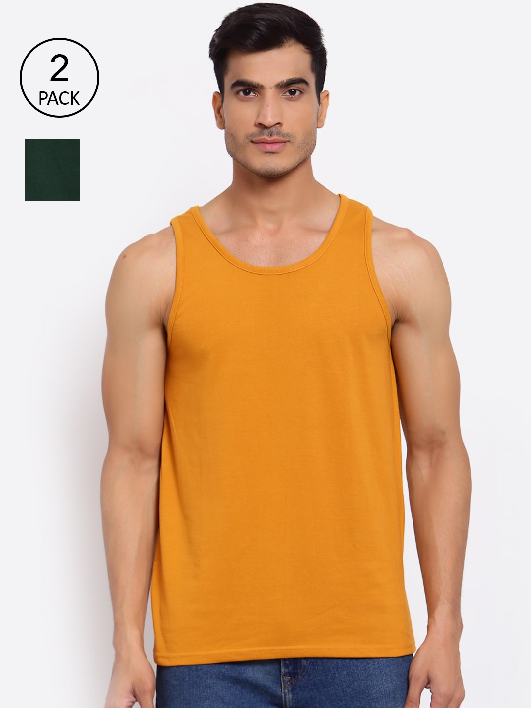 

FERANOID Men Pack of 2 Solid Cotton Gym Vests, Mustard