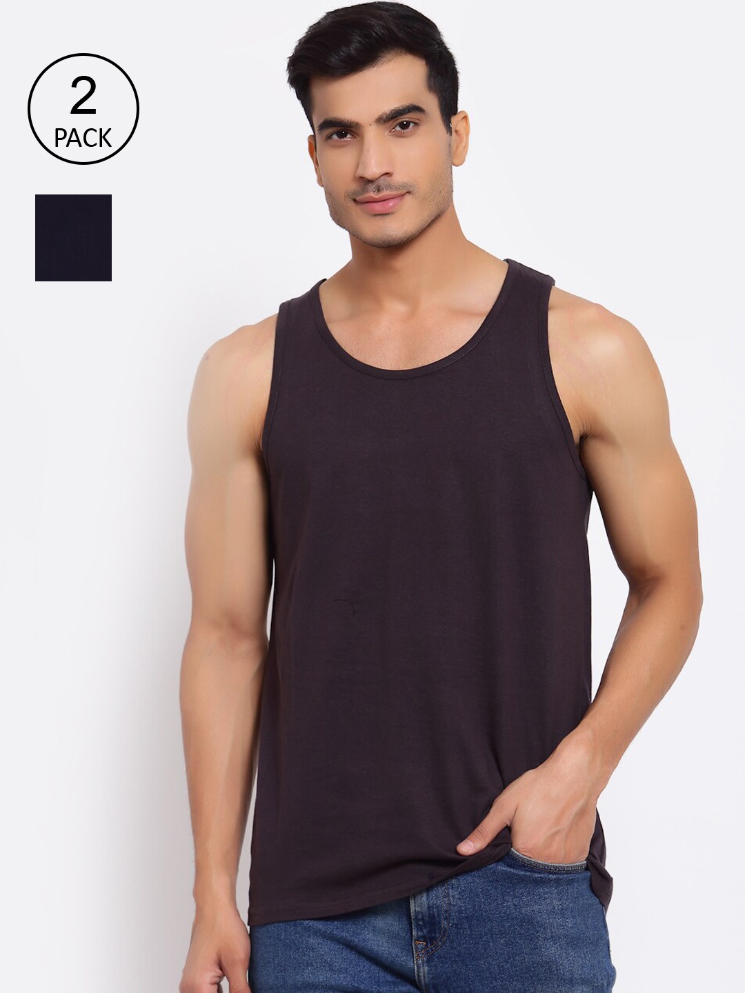 

FERANOID Men Set Of 2 Navy Blue Solid Cotton T-shirt