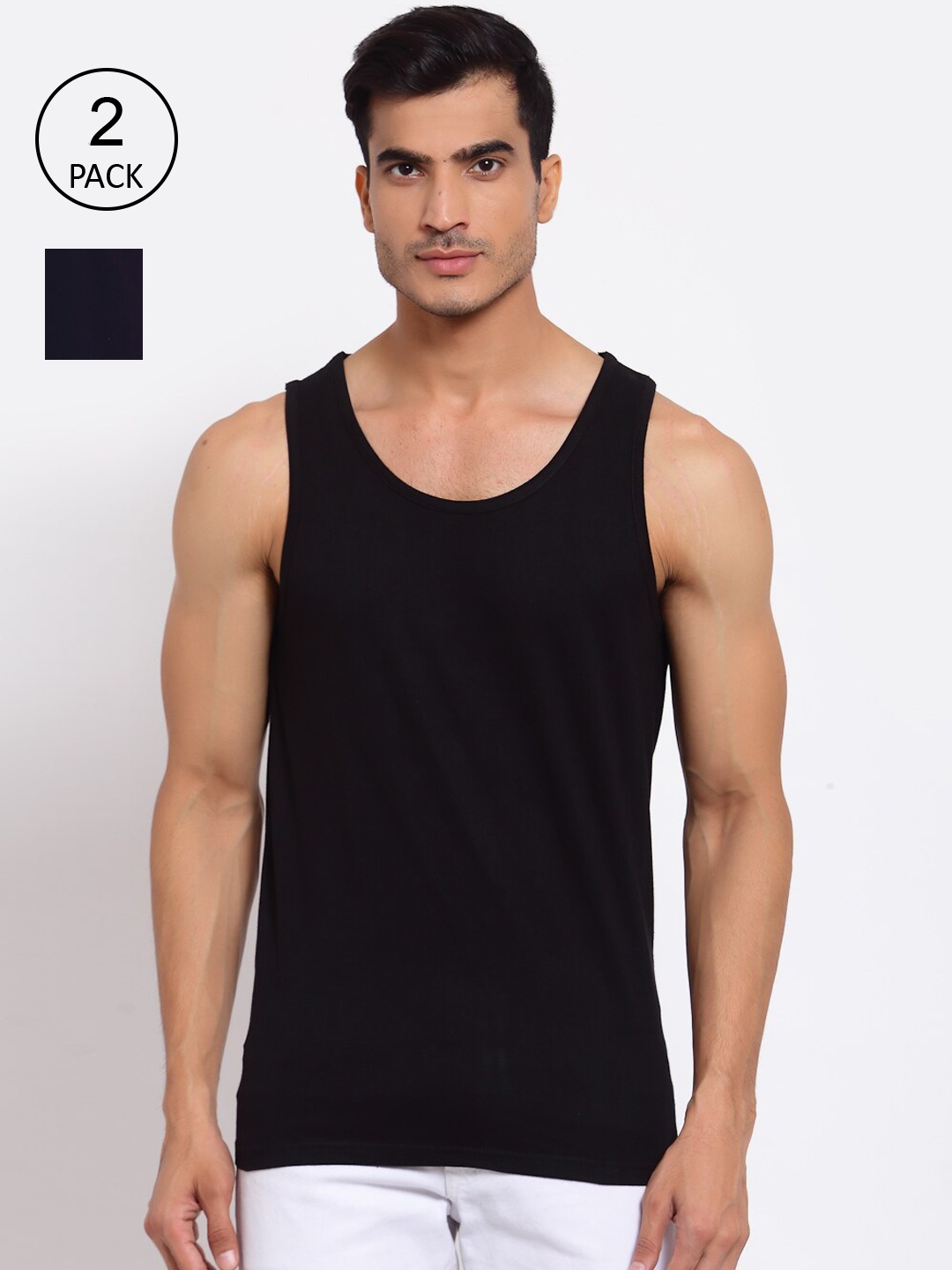 

FERANOID Men Pack Of 2 Black Solid Cotton Gym Innerwear Vests