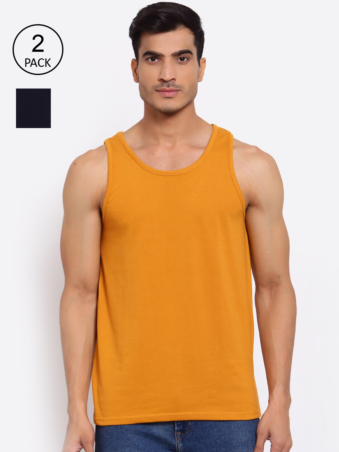 

FERANOID Men Pack Of 2 Solid Cotton Gym Vests, Navy blue