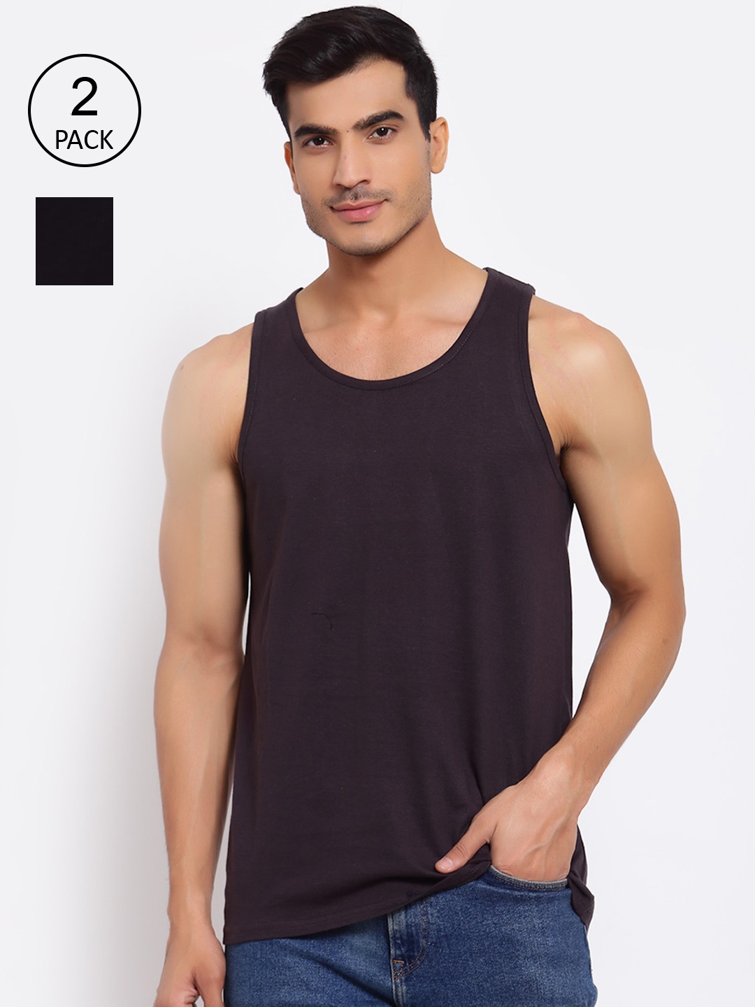 

FERANOID Men Black & Charcoal Grey Solid Set of 2 Cotton Gym Vest