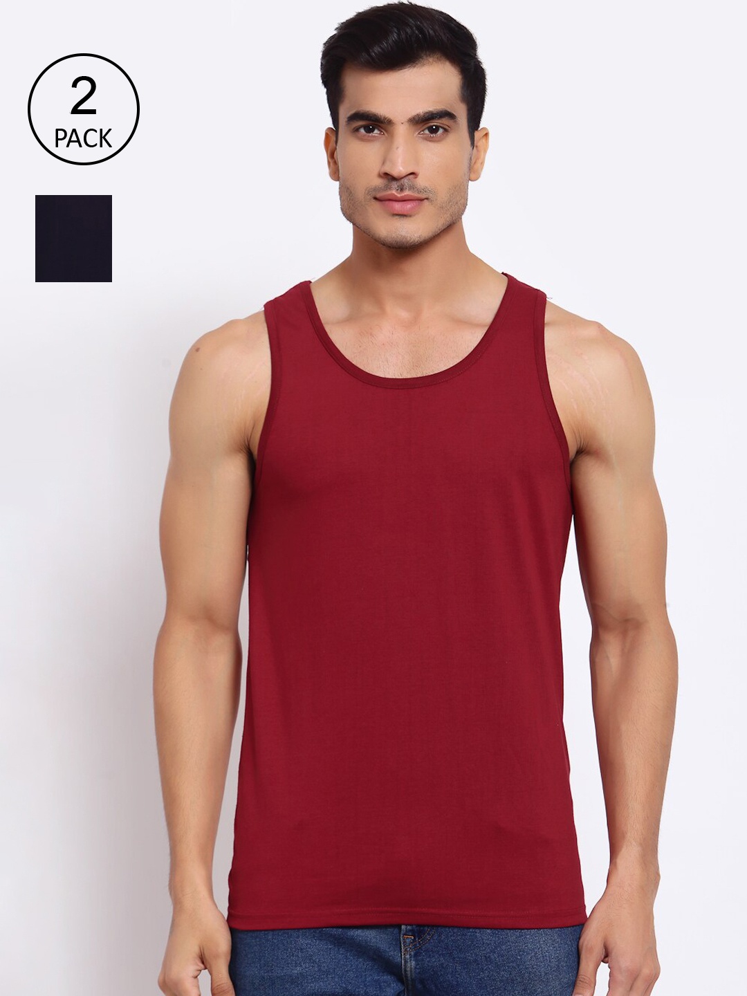 

FERANOID Pack of 2 Navy Blue & Maroon Cotton Gym Vest