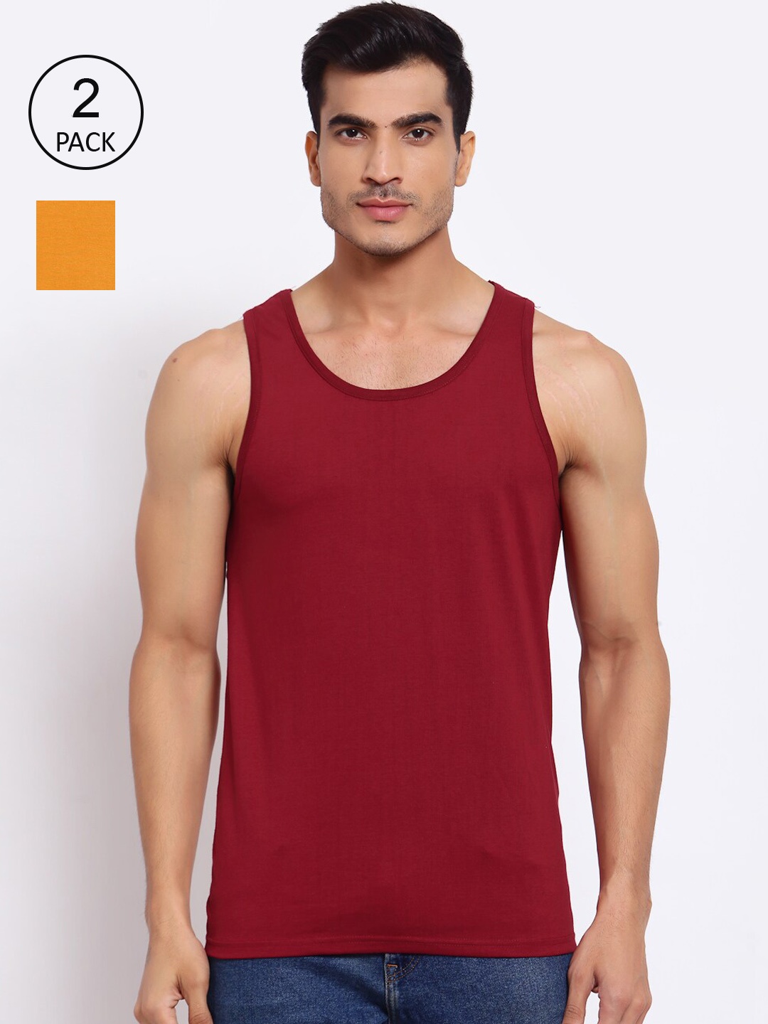 

FERANOID Men Pack Of 2 Mustard & Maroon Solid Innerwear Vests