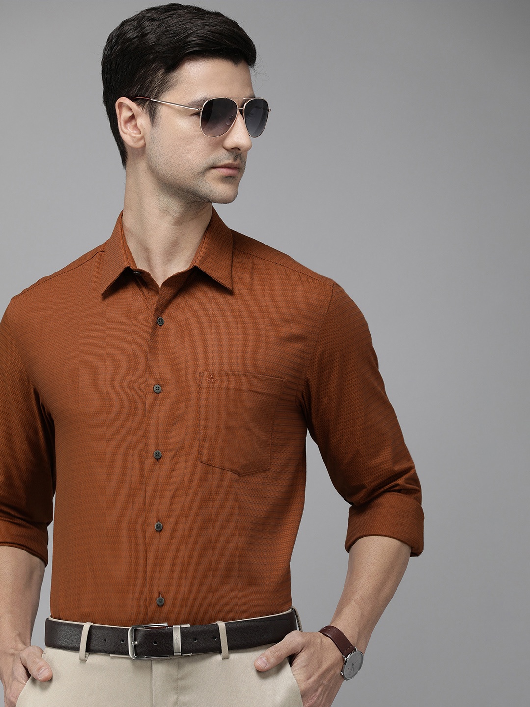 

Arrow New York Men Brown Self-Design Manhattan Slim Fit Pure Cotton Formal Shirt