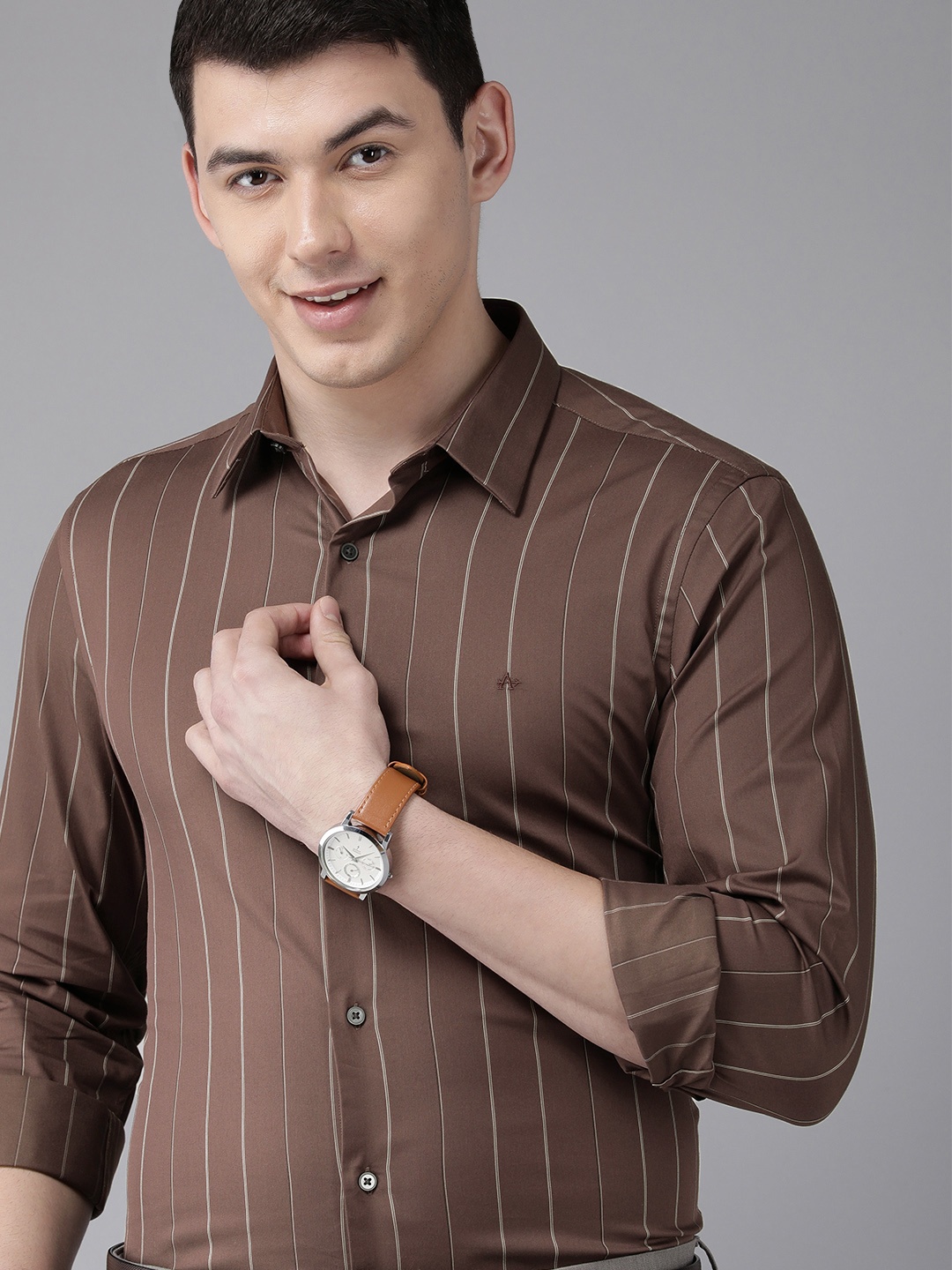 

Arrow New York Men Brown Manhattan Slim Fit Striped Pure Cotton Formal Shirt