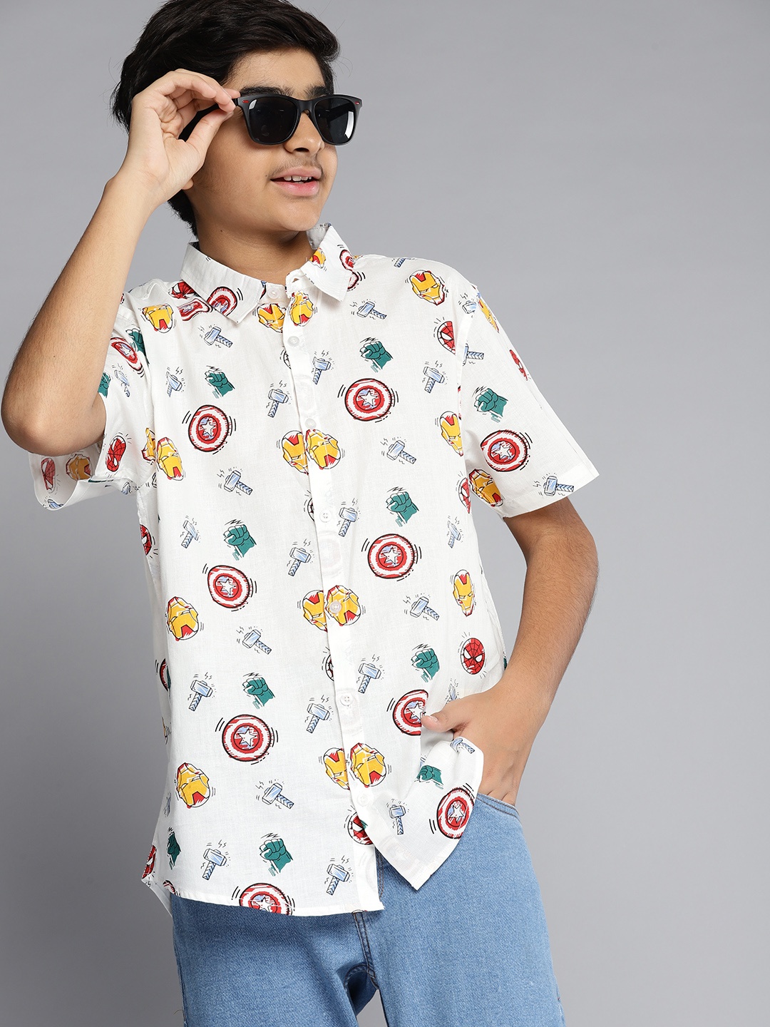 

YK Marvel Teen Boys White & Yellow Marvel Printed Cotton Casual Shirt